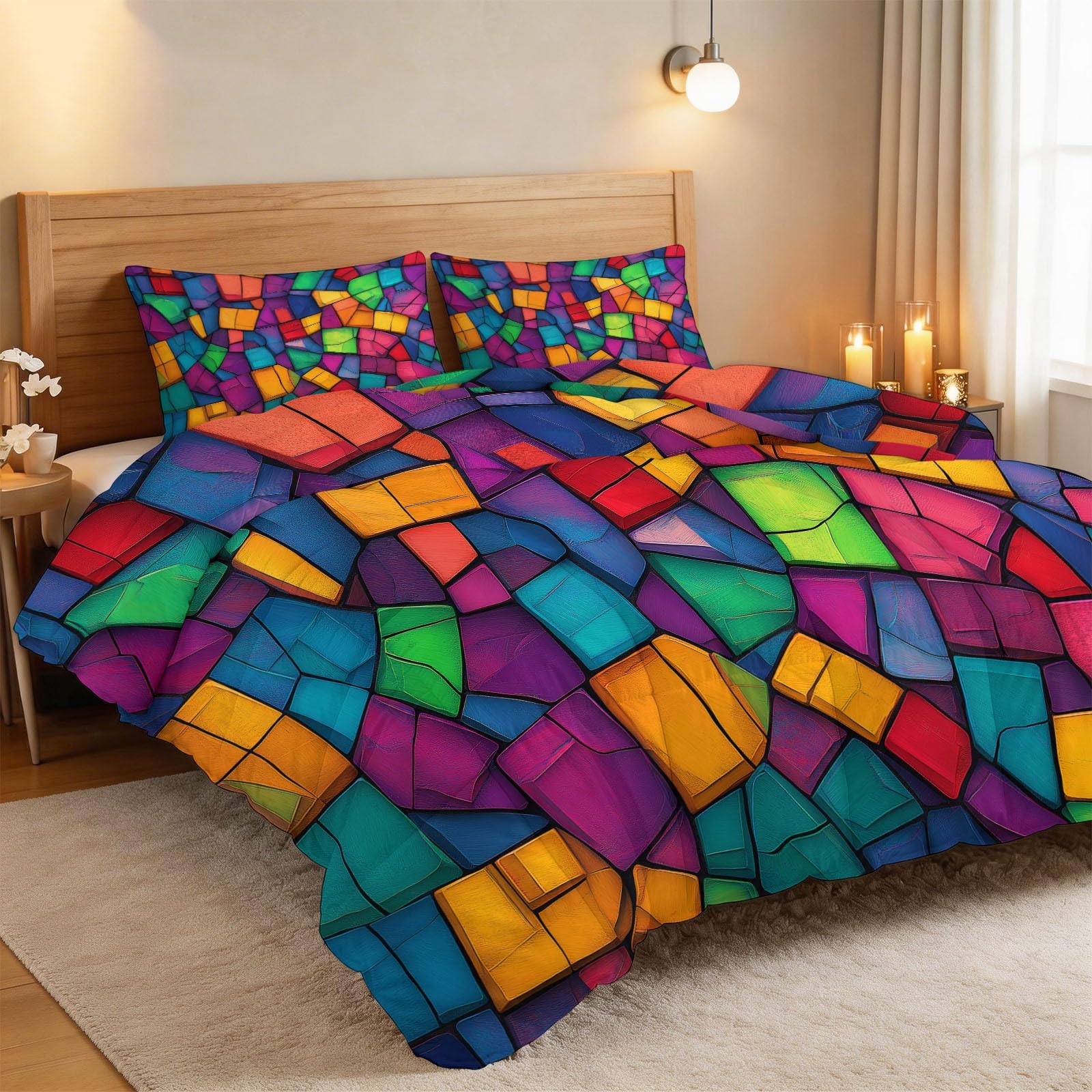 CozyRest Edredon Relleno nordico Cama Infantil Algodón - Geométrico Mosaico Cuadrado Rejilla - Bebe rellena Juego de Manta con Almohada 50 x 75 cm por niños e niñas Colorido
