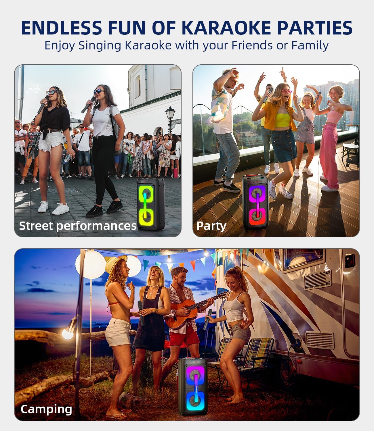 Karaoke Machine & Portable PA System with 2 Wireless Microphones, Bluetooth Speaker, LED Lights, Bluetooth 5.3 & TWS Stereo, Supports Type-C/USB/TF/AUX for Home Party and Outdoor Gatherings - Image 6