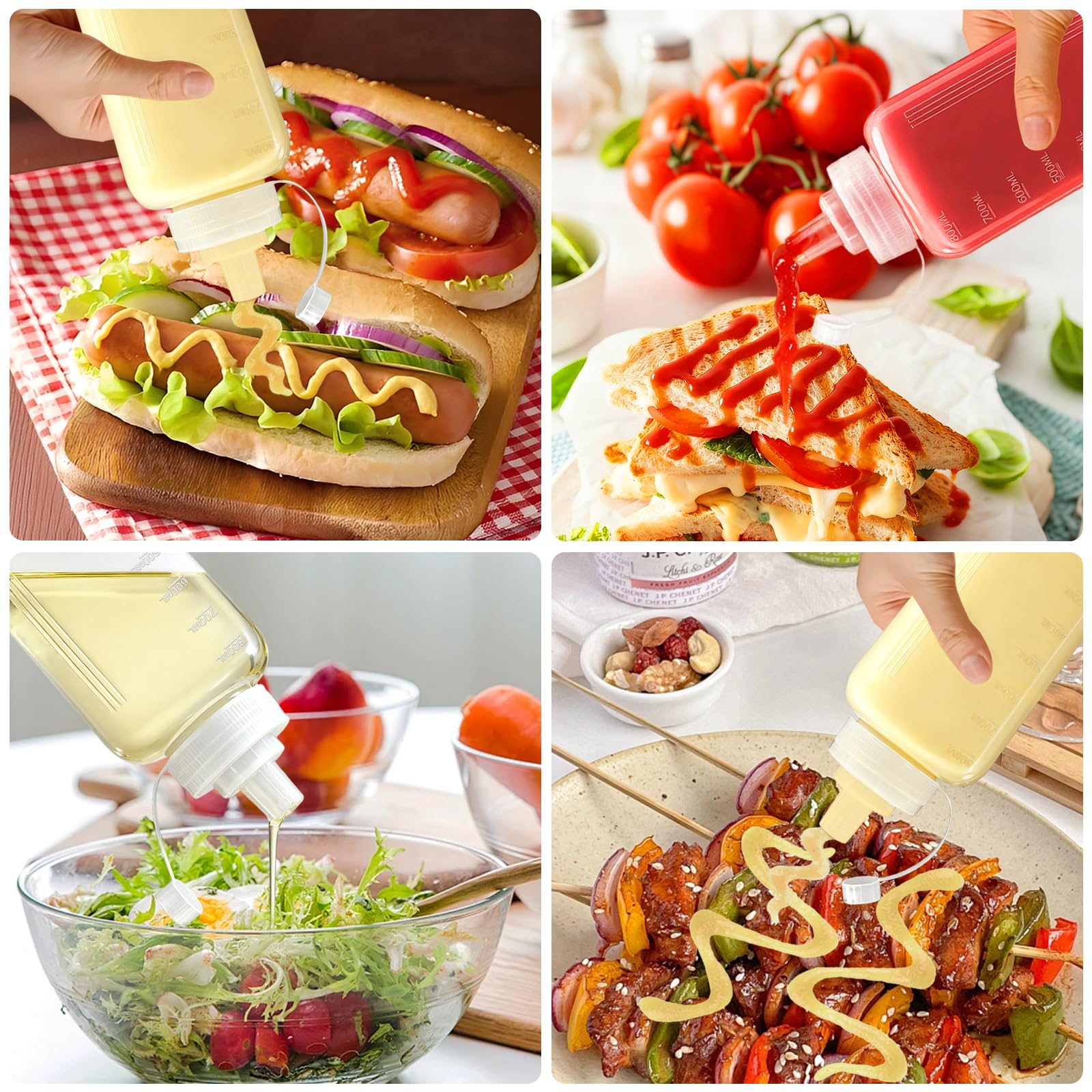 4 Pezzi Bottiglia Squeeze di Plastica 800ML, Bottiglia per Squeeze con Tappi, Bocca Grande,Trasparente Condimento Dispenser con Pennello per Ketchup Senape Mayo Salse Piccanti Olio d'oliva