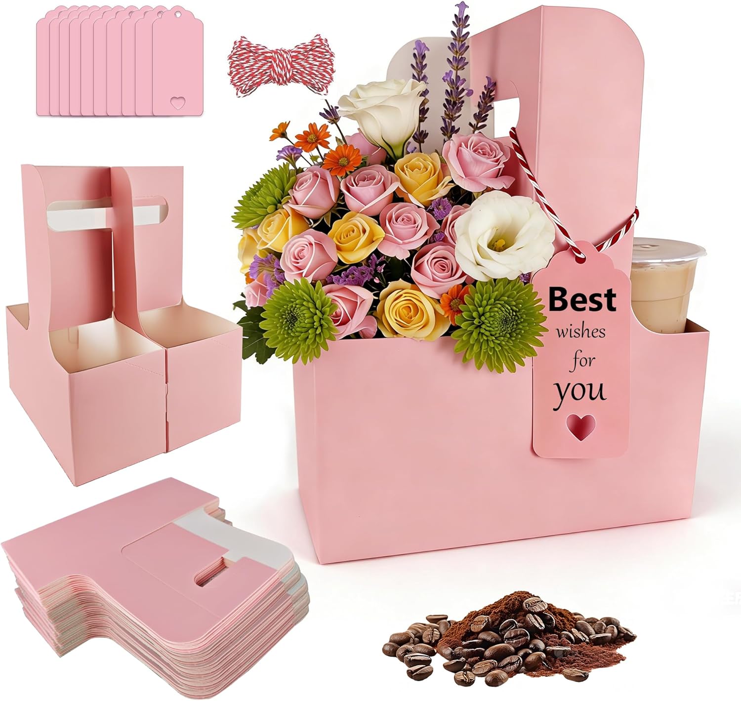 100 Pack Pink 2 Cup Drink Carrier with Handle, Disposable Cardboard Coffee Cup Holder for Hot or Cold Drinks, Coffee Carrier with Ribbon & Card for Food Delivery, Takeout and Bouquet Arrangement