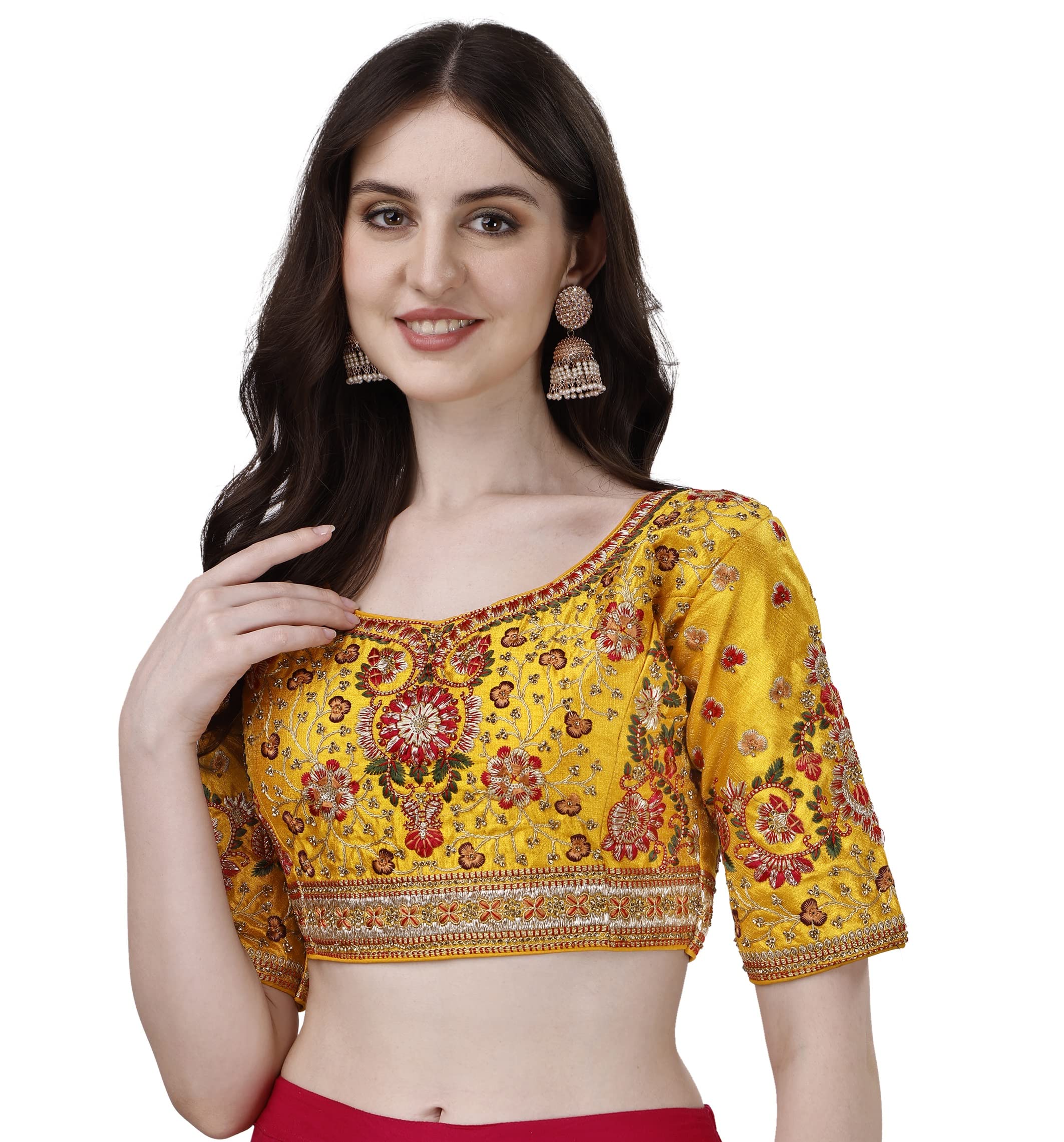 Vihu Fashion Women's Heavy Multi Codding Embroidery With Diamond Work Half Sleeve Lemon Yellow Trendy Blouse(Heer Lemon Yellow_38)