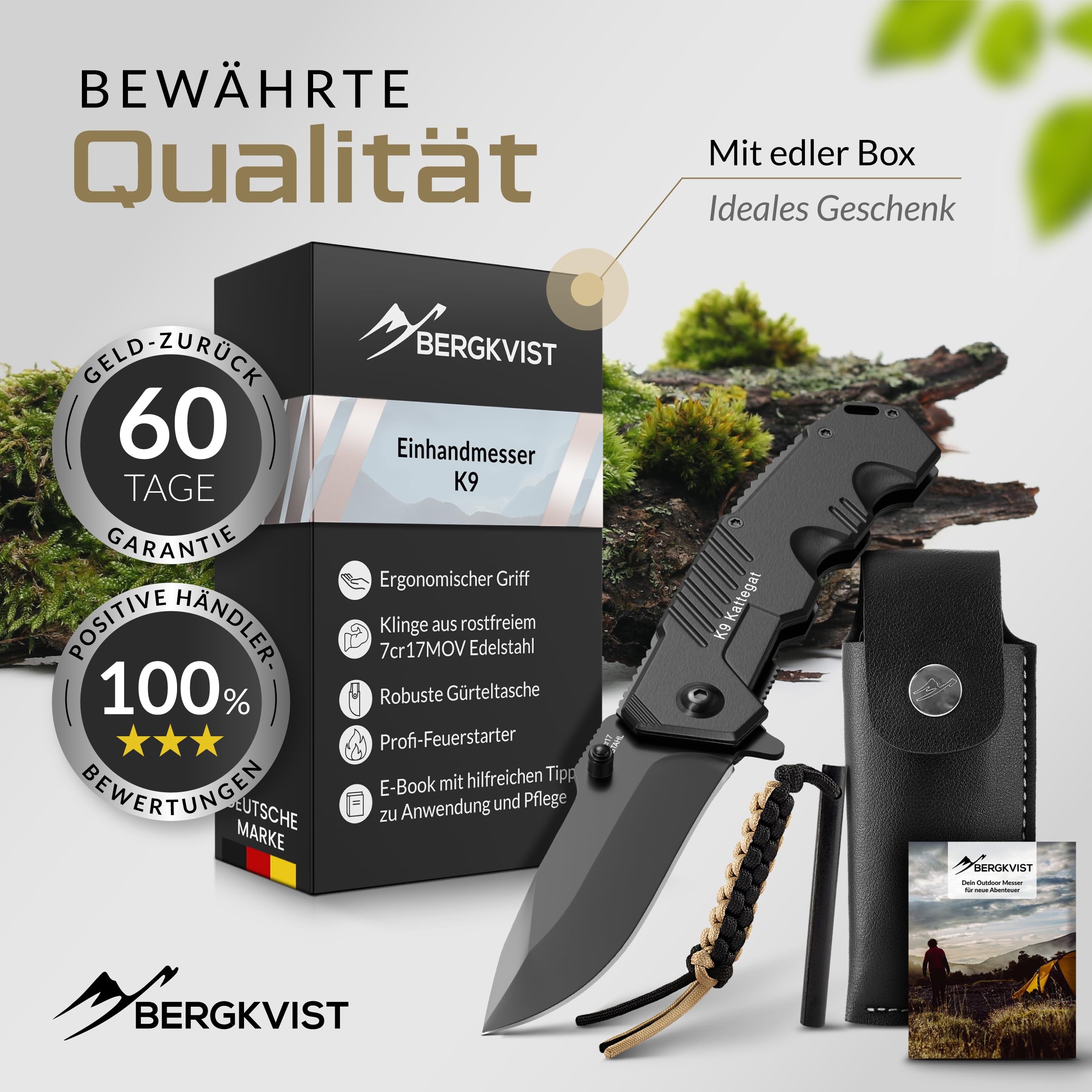 BERGKVIST® K9 Klappmesser für Outdoor & Survival [Einhandmesser] | scharfes Taschenmesser mit Edelstahlklinge, Feuerstahl & Gürteltasche, Vollmetall, schwarz
