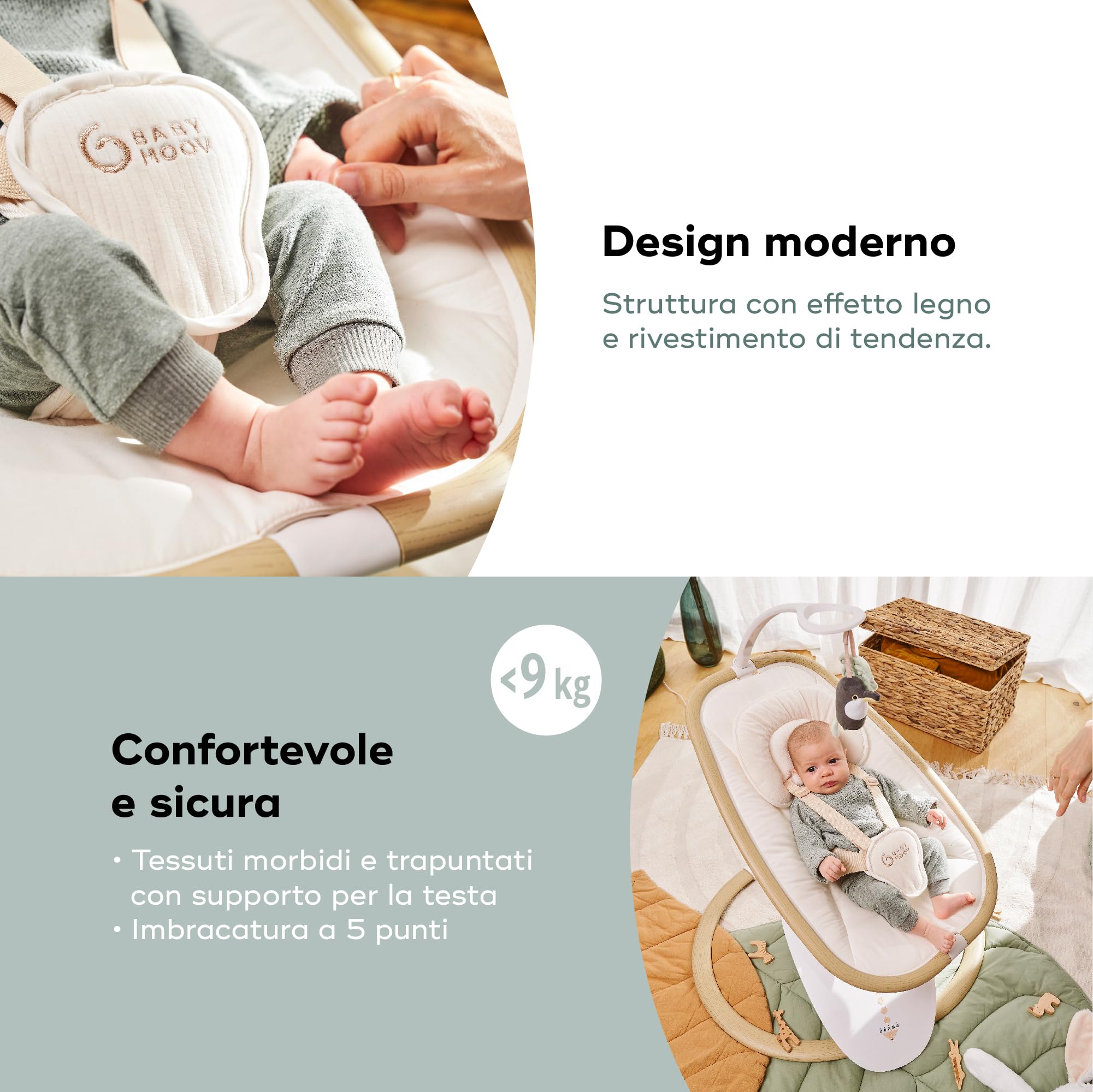 Babymoov Altalena Elettrica per Bambini Swoon Hoop, Design Elegante, Seduta Rotante a 90°, Confortevole e Regolabile, 5 Moviment i di Dondolio, Programmabile, 8 Ninnenanna, Arco Giochi, Sabbia