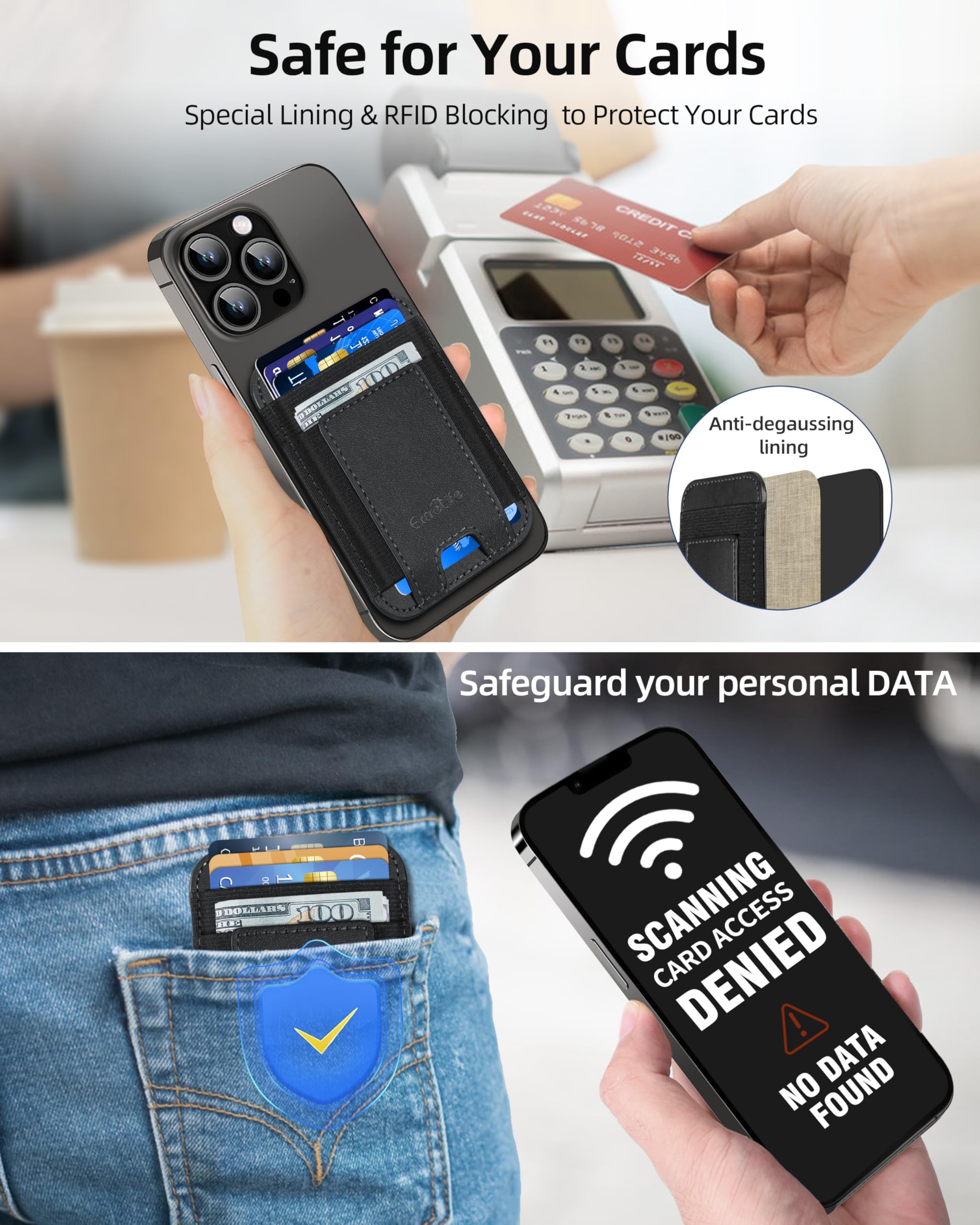 Soporte para tarjetas de teléfono, cartera de cuero para teléfono, soporte adhesivo más fuerte para la parte posterior del teléfono, soporte para tarjetas de crédito para iPhone, Samsung, Android,