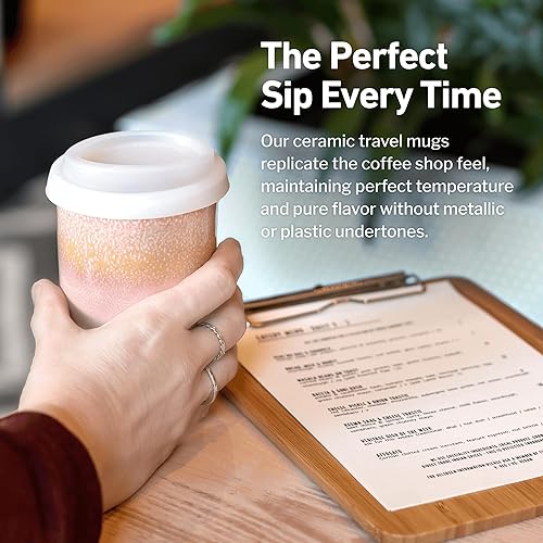 Miniatura 4 de NOVA CERAMICS Taza de viaje – Taza de café de viaje – Taza de café helado única para llevar – Vaso rosa café apto para microondas y lavavajillas
