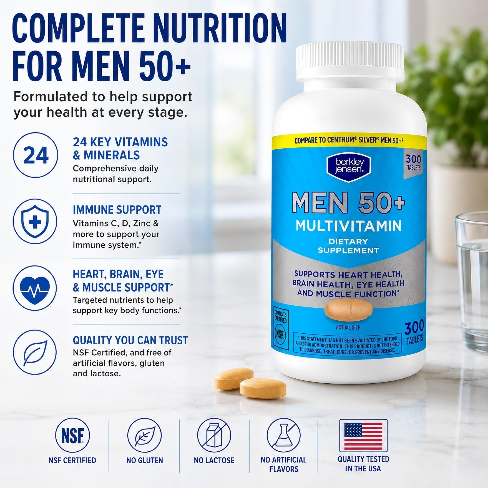 berkley jensen Men's Multivitamin for Men 50 Plus, Multimineral Supplement with Vitamin D3, C, Zinc, B Vitamins, Supports Memory and Cognition in Older Adults, NSF Certified, 300 Count, 300 Day Supply — Amazon image 6