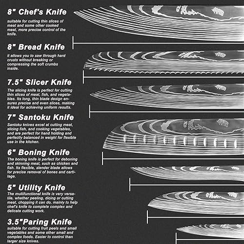 Miniatura 3 de Juego de 7 cuchillos de cocina con bloque magnético - Acero inoxidable de alto carbono, forjado a mano, apto para lavavajillas - Juego de cuchillos