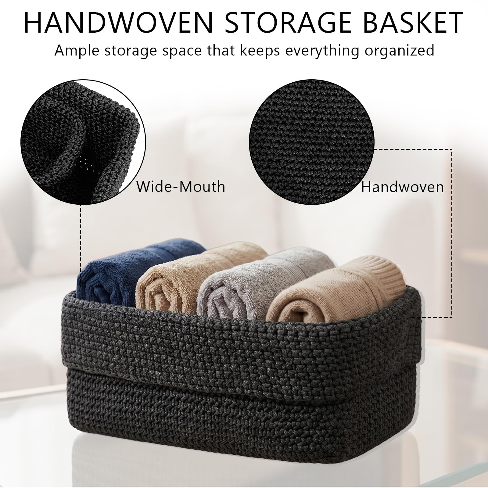 2 Piezas Cestas Almacenaje, Cesta de Ganchillo Tejida a Mano, Cestas de Almacenamiento, Cesta Organizadora Rectangular Grande y Pequeña para Baño, Salón y Oficina, Negro (negro)