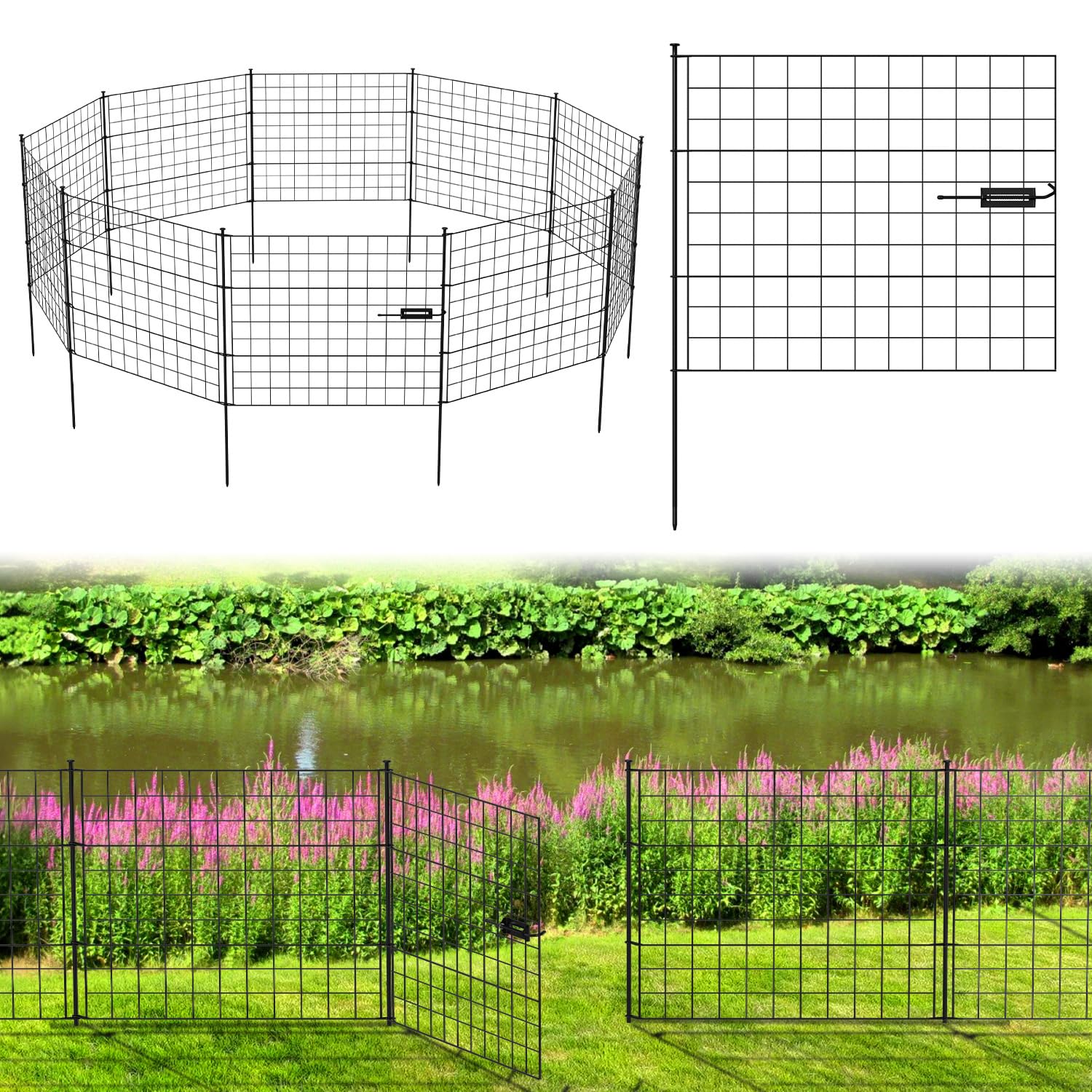 Dekorative Gartenzaun, Teichzaun Set 1 Tor+4 Teichzaun Steckzaun Metall mit Zaunelemente und Freigehege Gartenzaun Tiergehege, mit Schloss, Haustier Zaun (Gerade, Grün)