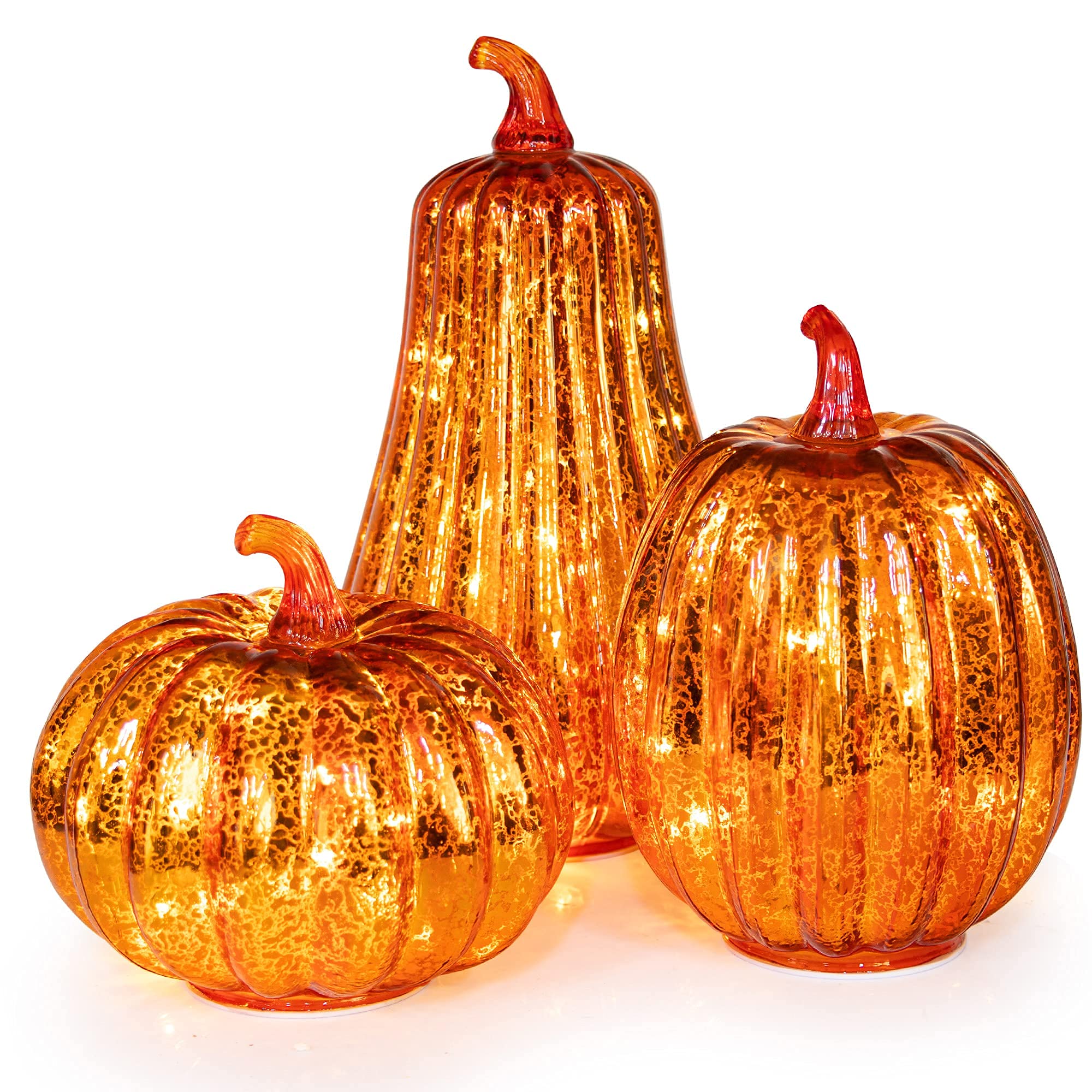 KI Store Glas Kürbis beleuchtet mit Timer Set of 3 LED Kürbis Figuren groß 27/21/15cm Nachtlicht Ornamente für Tafelaufsatz,Erntedankfest Halloween Herbst deko herbstdeko