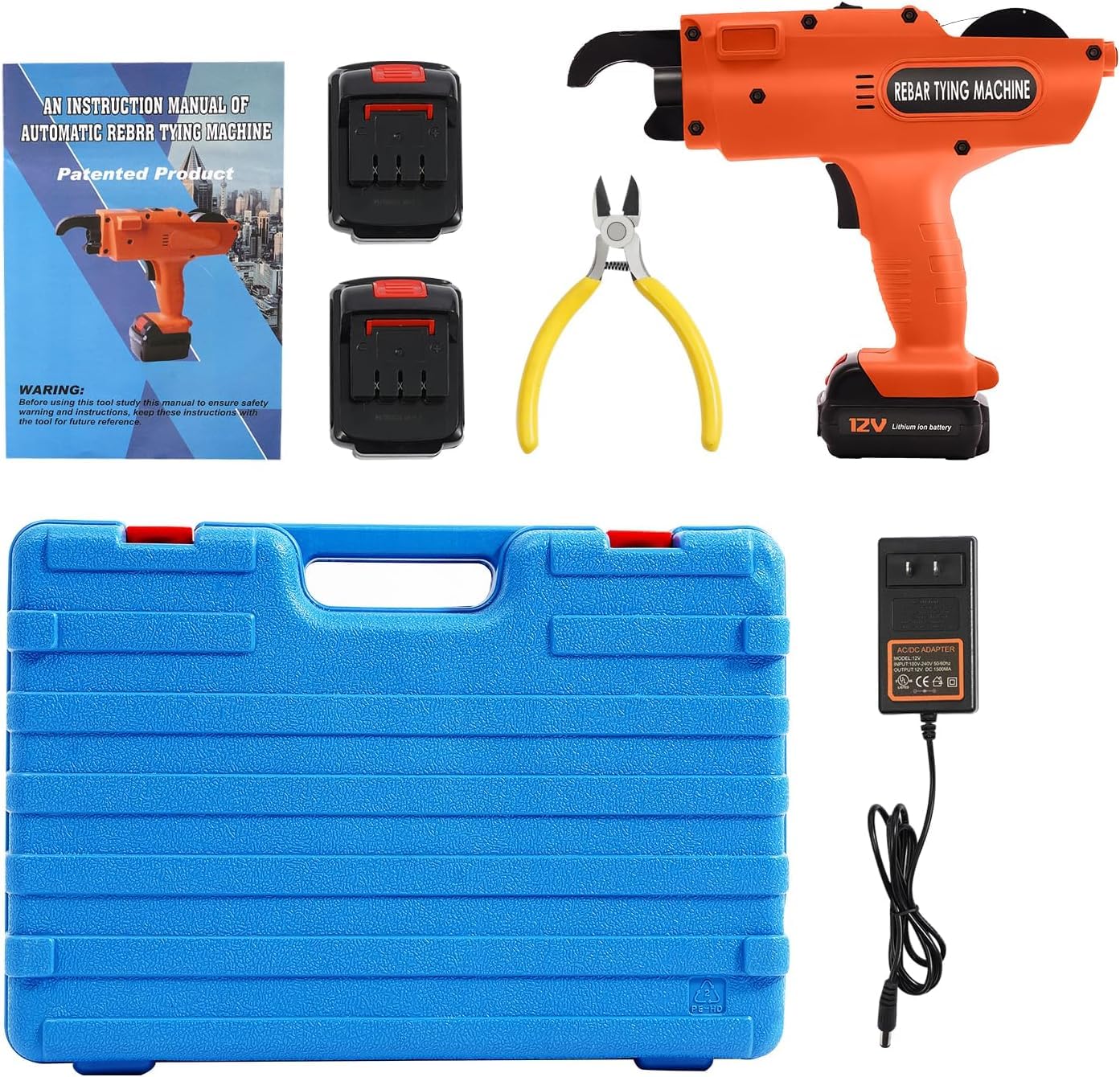 Akku Bewehrungsbindegerät für Φ8–34 mm Stahl, Drahtbindegerät 1500 Knoten pro Ladung, 0,8s Schnellbindung, inkl. 2×4500 mAh Akkus, 110m Bindedraht – Drahtbindemaschine für Baustellen, Tunnel