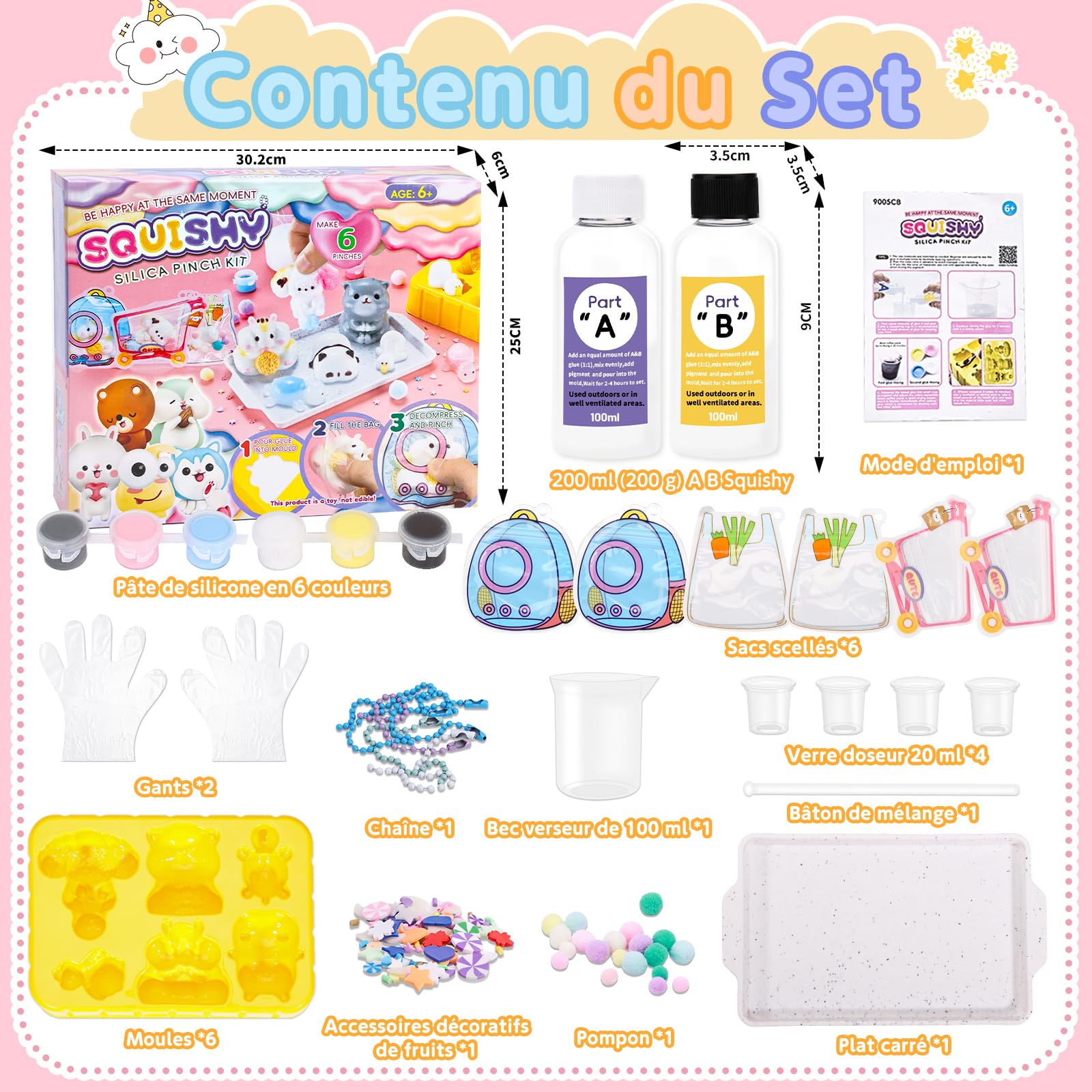 VBACALA 24PCS Kit de bricolage en silicone liquide Squishy,rapport de mélange AB 1:1 pour Taba Squishy Maker pour hamsters,chat,pandas,chiens,tortues,canards super doux,cadeau décompression DIY (200g)