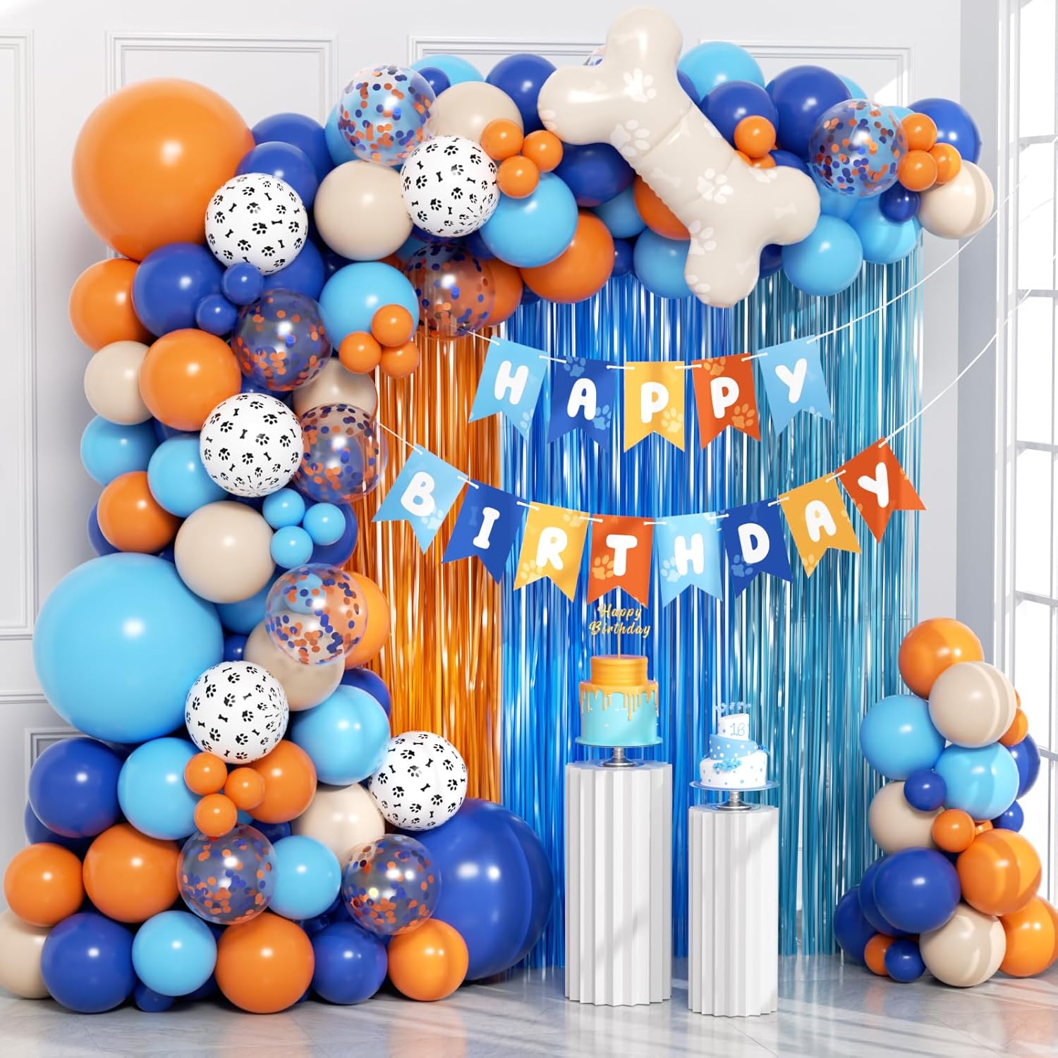 129pcs Blue and Orange Balloon Arch Kit, Orange and Blue Balloons with Fringe Curtain Happy Birthday Banner Confetti Paw Print Balloons for Theme Baby Shower Birthday Party Decorations