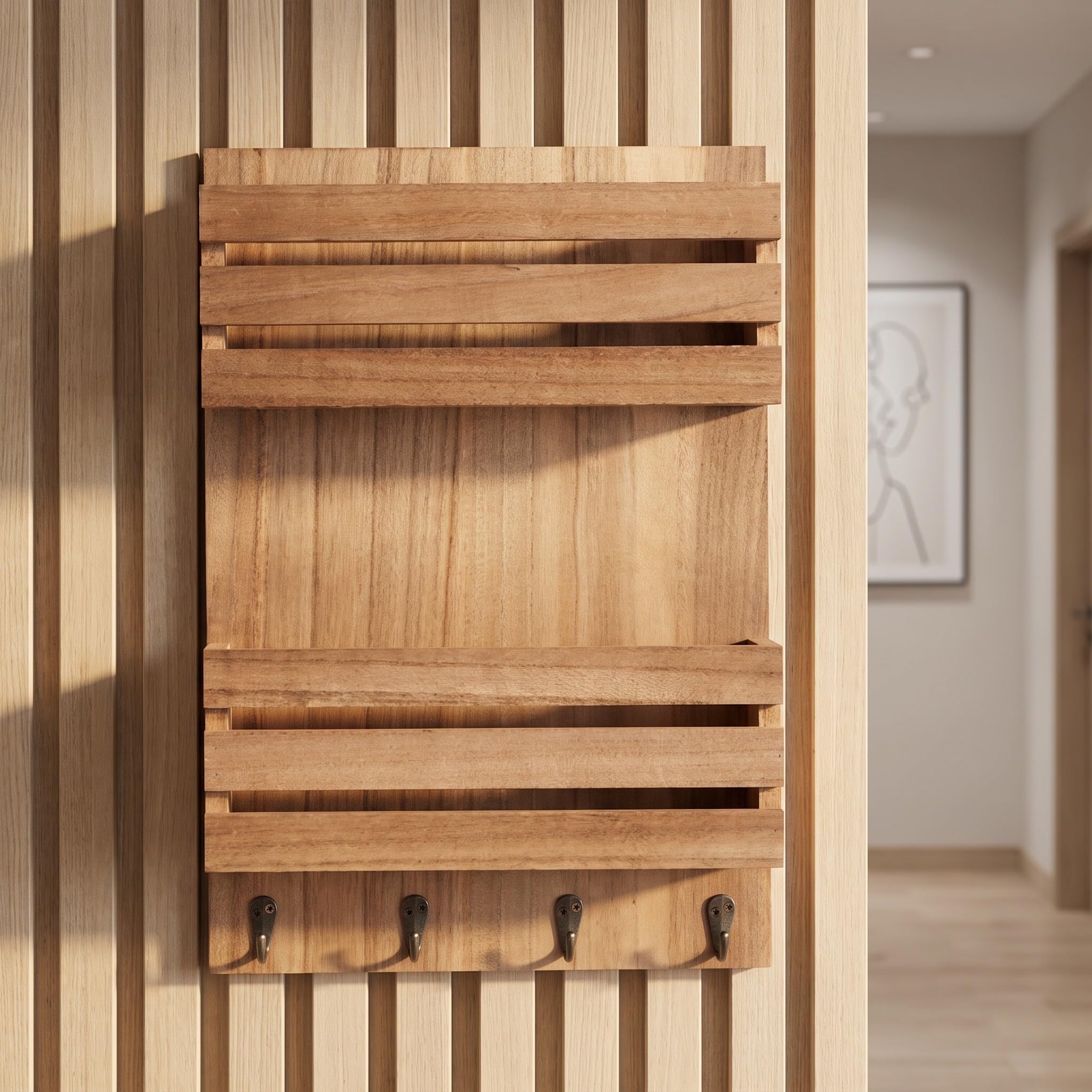 Zerodeko Organizador de correo de madera para montaje en pared con ganchos