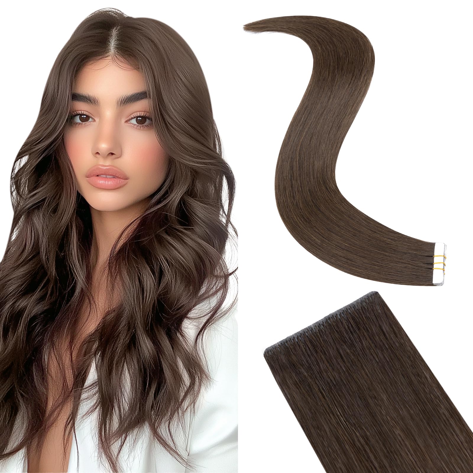 Silk-co Extensiones Adhesivas Pelo Natural Cinta Invisible Cinta Sin Clip 100% Remy Liso Cabello Humano Cuero Cabelludo Biónico 10PCS 20G/Paquete 30cm # 2 Marrón Oscuro