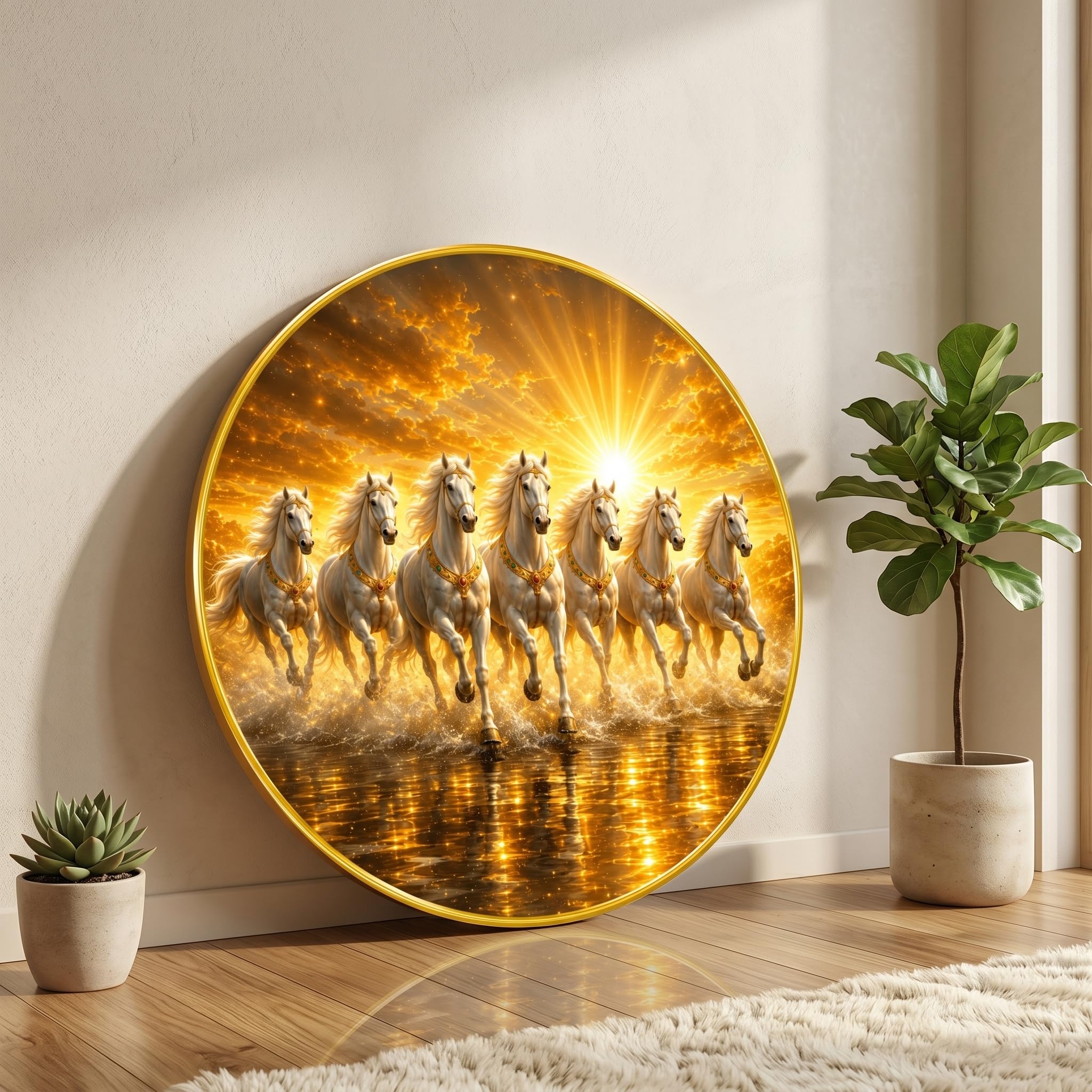 SAF 7 Horse Vastu Round Wall Painting with Premium PVC Golden Frame, Golden White Running Horses Sunrise Water Art for Living Room Office Home Decor Gift (20 x 20 Inch) GRL-448-picture-16
