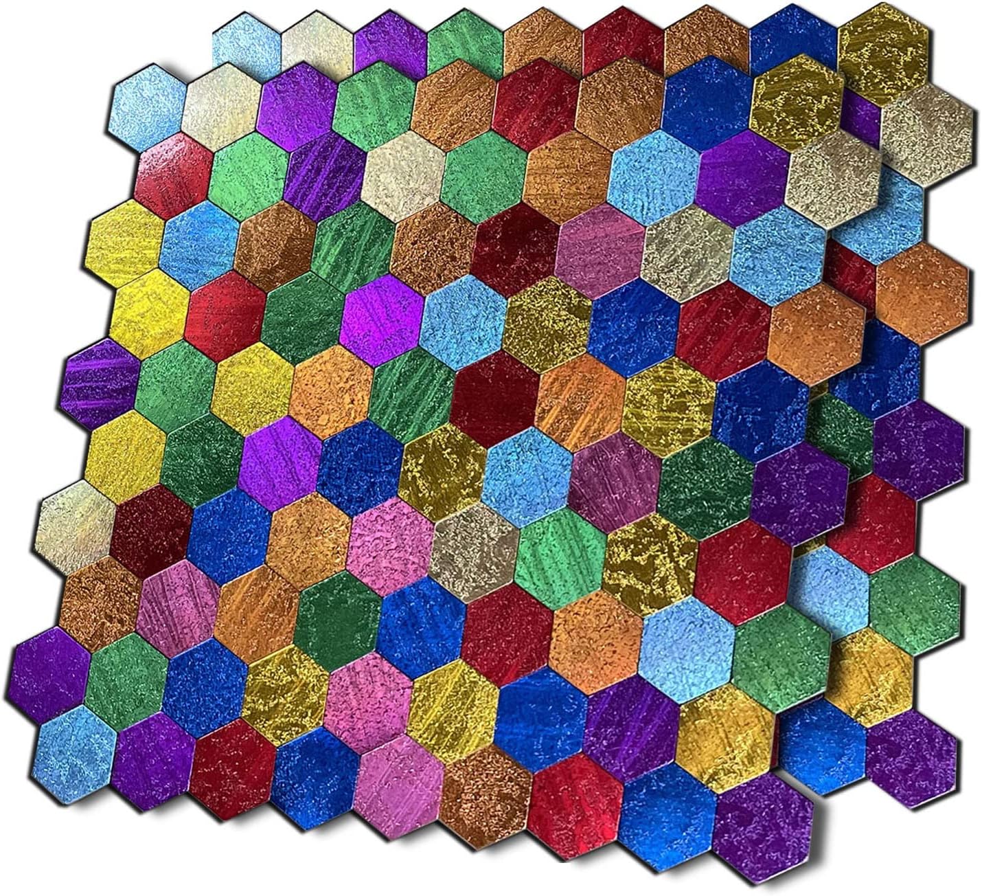 XUANINY 11-Sheet Peel and Stick Backsplash Tiles - Aluminum Surface Rainbow Triangle Metal Mosaic Wall Sticker for Living Room, RV, Bar (11.81"x11.81") (Hexagon Rainbow Colored)