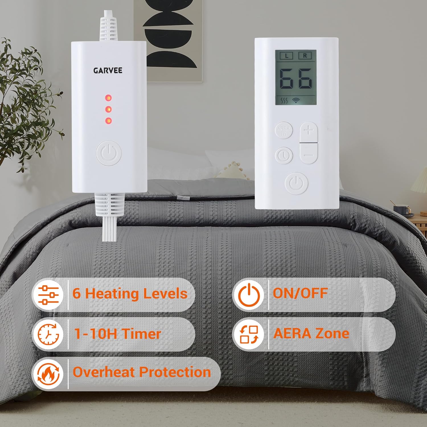 GarveeHome Queen Heated Comforter Electric Blanket, 90"*90" Waffle Weave Heating Blanket with Wireless LCD Controller, 6 Heat Levels & 2-10H Time Settings, UL Certified, Grey - Image 6