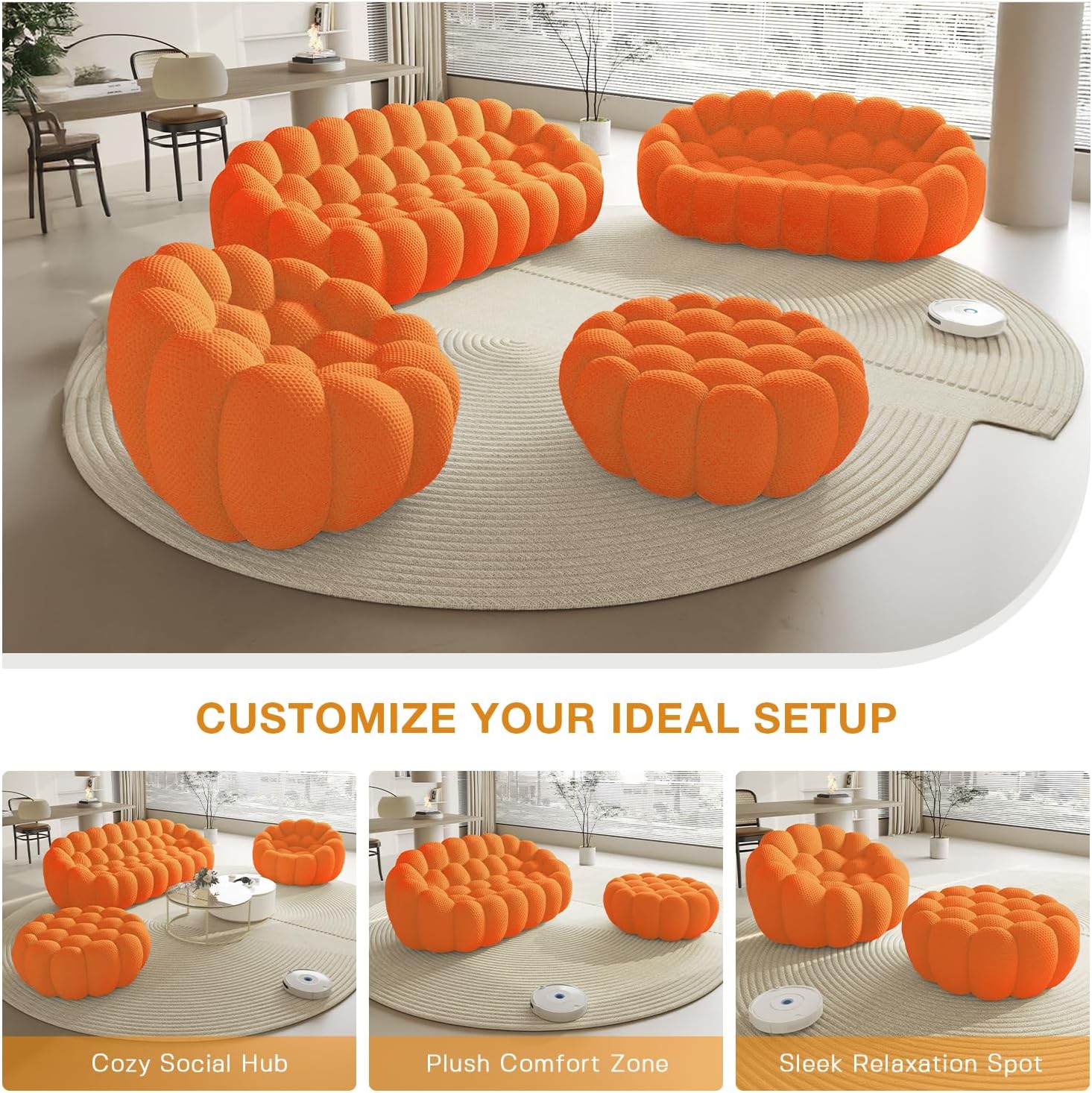 WJShome Bubble Couch,98'' Modern Curved Sofa, 3 Seater Morden Lazy Floor Sofa, Memory Foam Bean Bag Floor Couch Lounge Chair for Living Room, Office, Apartment-Orange