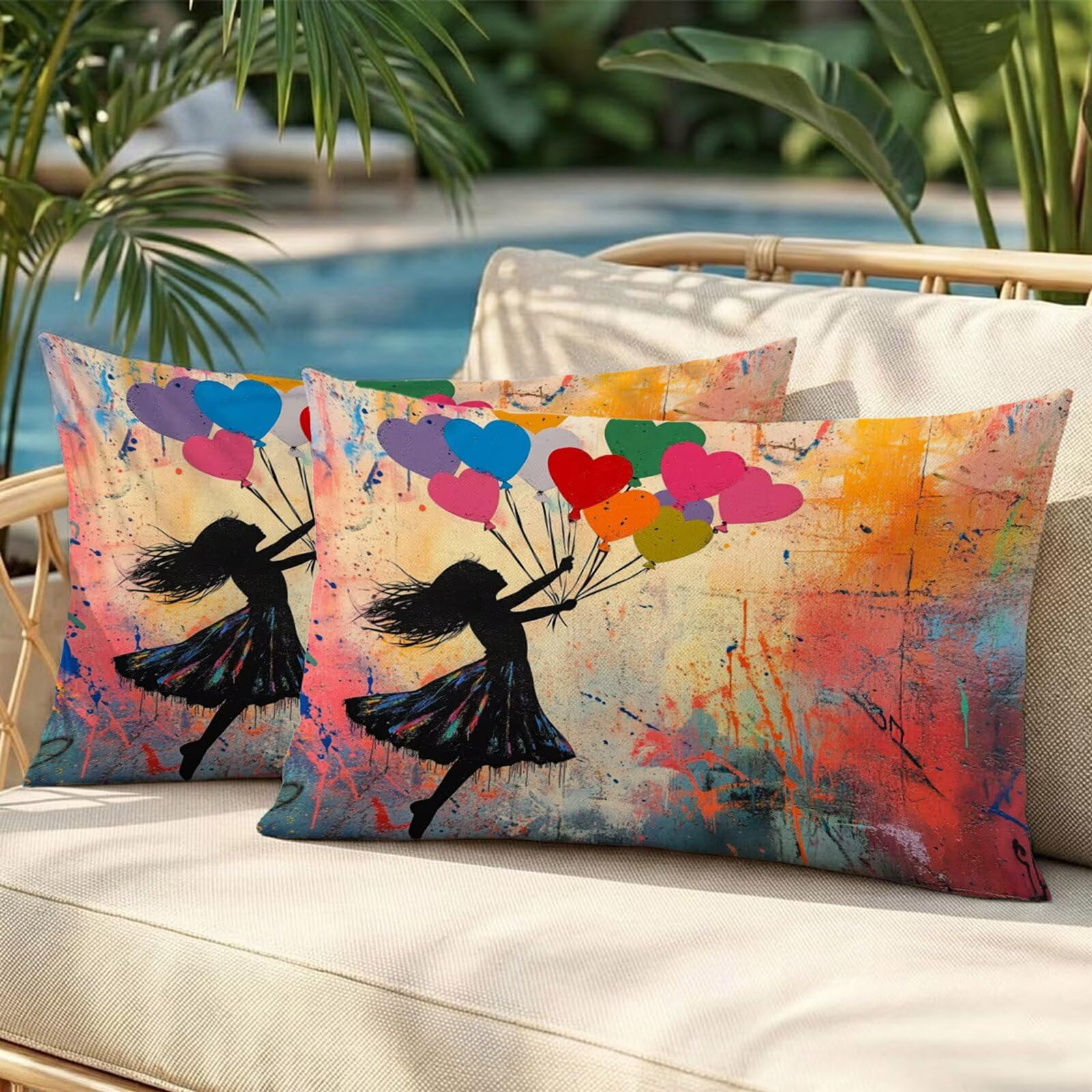 Coussin exterieur impermeable anti tache en lin rétro 50x70 cm motif Amour lot de 2