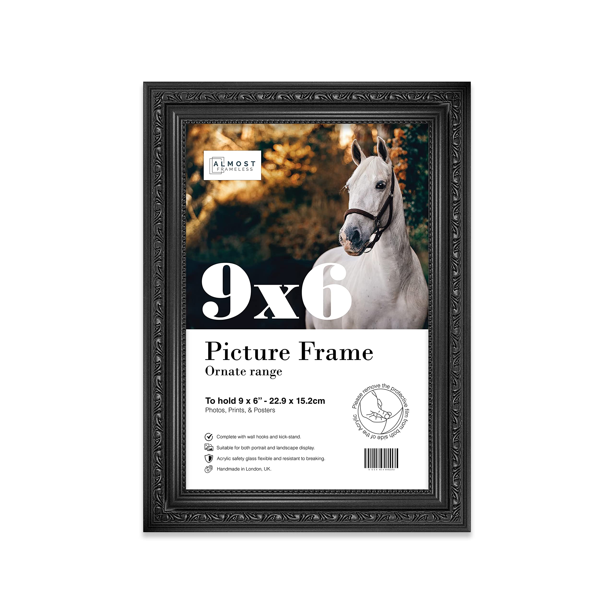 Almost Frameless 9x6 Black Ornate Picture Frame 9"x6"(22.9x15.2cm) Poster, Photo, Artwork, or Print. Baroque Style Portrait and Landscape Display with Wall Hooks