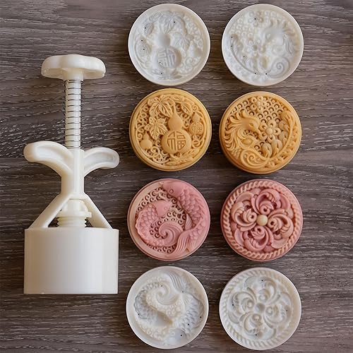 Miniatura 8 de beertoy Molde para pastel de frijol mungo con 4 sellos Phoenixes Midautumn Moon Cake Mold Hand Pressed Cookie Postre DIY Pastelería Herramienta para