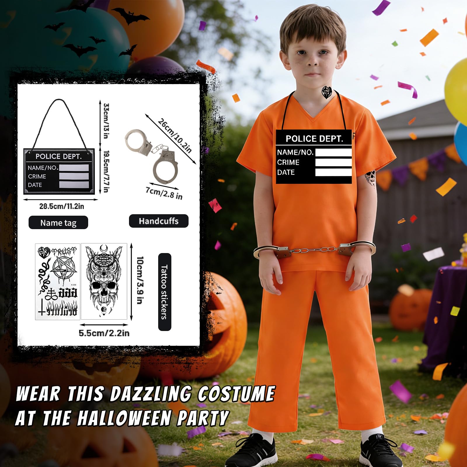 Dacnod Orange Convict Fancy Dress Outfit for Boys Girls Prisoner Costumes with Handcuffs Sticker Orange Jail Costume Halloween Fancy Dress - Image 3