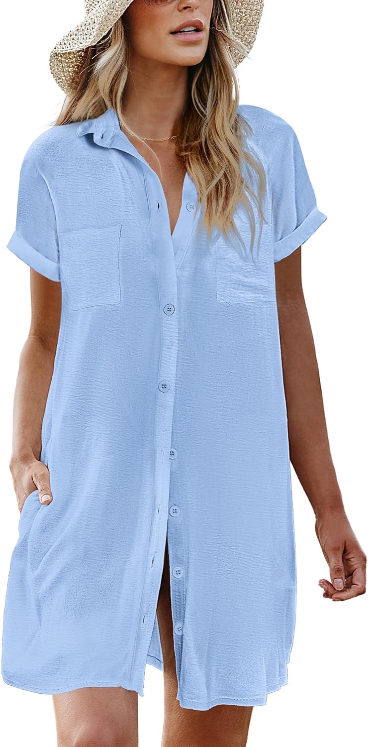 AI'MAGE Womens Bathing Suit Cover Ups Summer Shirt Dress Casual Short Sleeve Button Down Beach Shirts with Pockets S-XXL