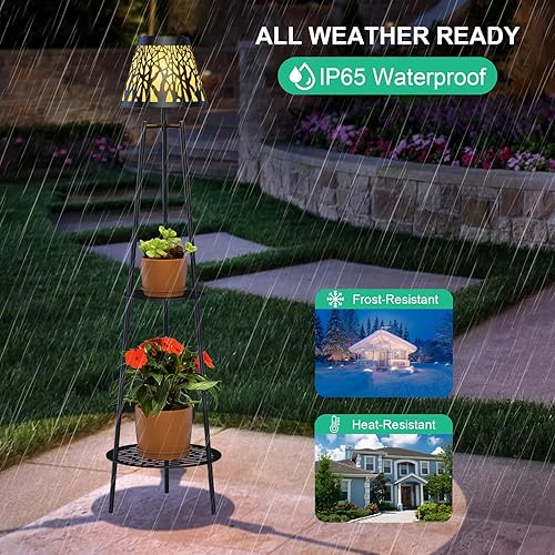 Miniatura 4 de Lámparas solares de pie de metal de 45.5 pulgadas para exteriores con 2 soportes para plantas, paquete de 2 faroles solares impermeables para