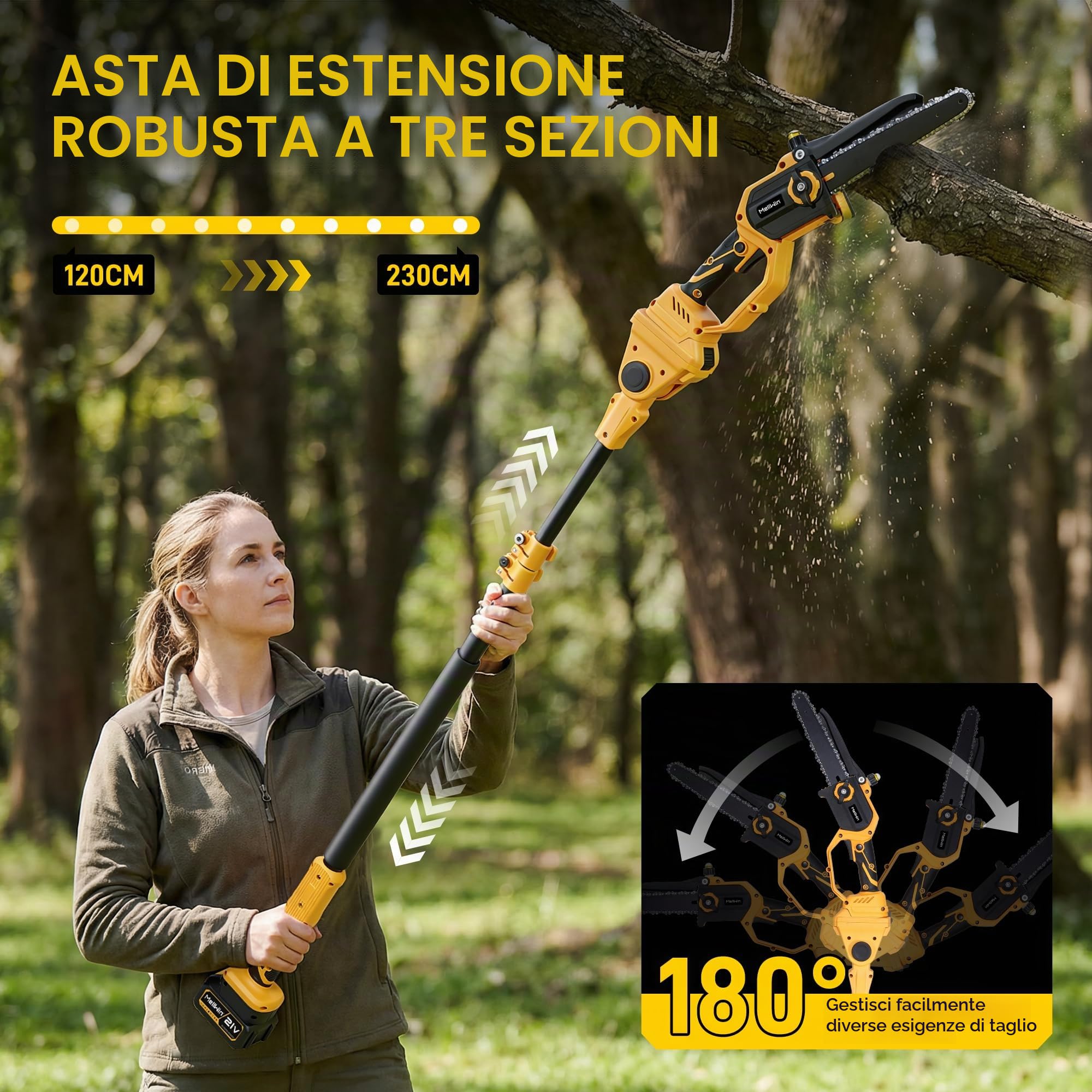 Motosega e cesoie elettriche da potatura MELLWIN 4 in 1, attrezzo da giardino senza fili da 20 cm con asta telescopica, serbatoio dell'olio da 30 ml, motore brushless, cesoie da giardino da 2,3 m e 40