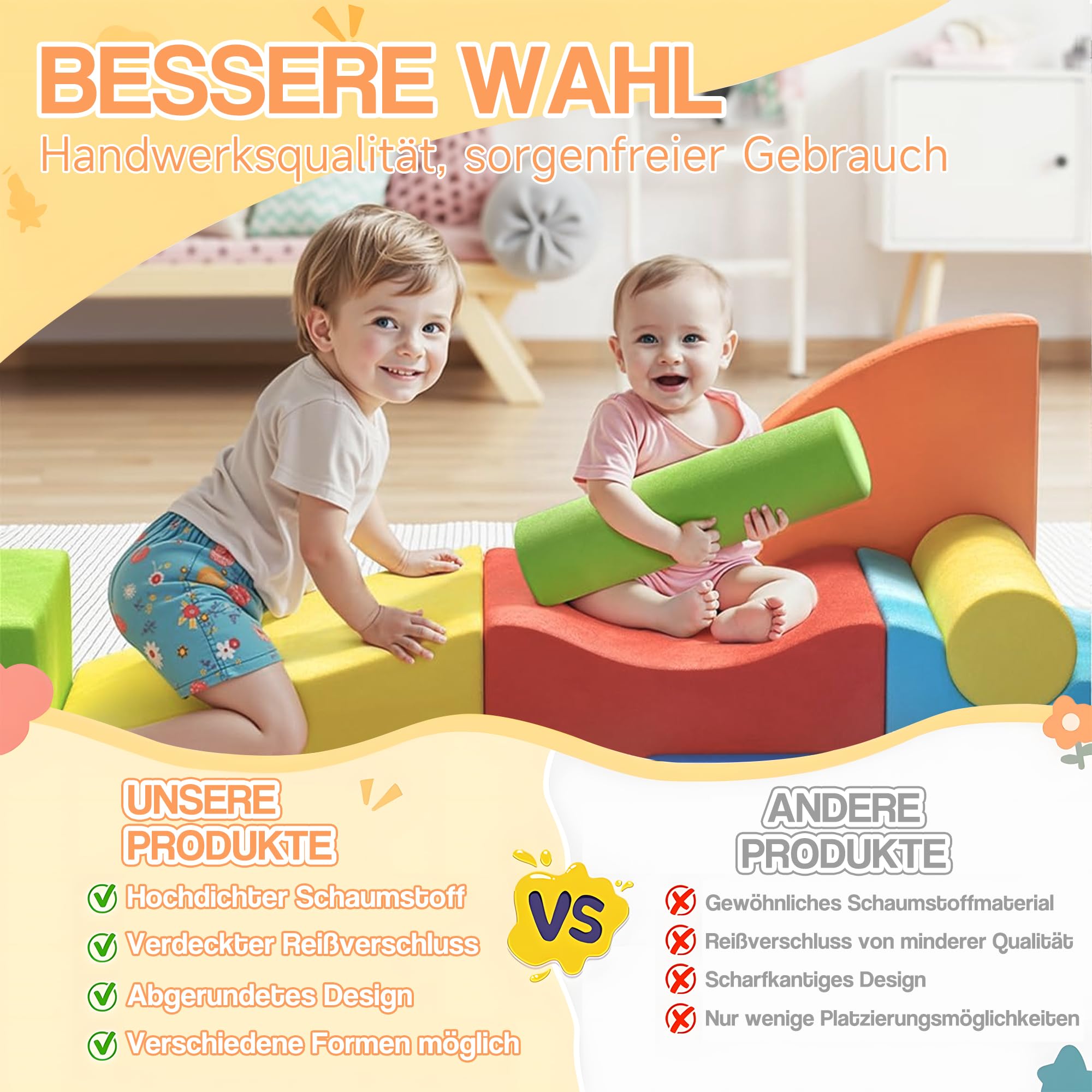 Übergroßes 8-teiliges Schaumstoff Bausteine Kinder, XXL Softbausteine, Waschbare Hülle für Indoor-Spaß, zum Krabbeln & Rollen, Indoor Krabbel Kletter Aktivitäts Spielset