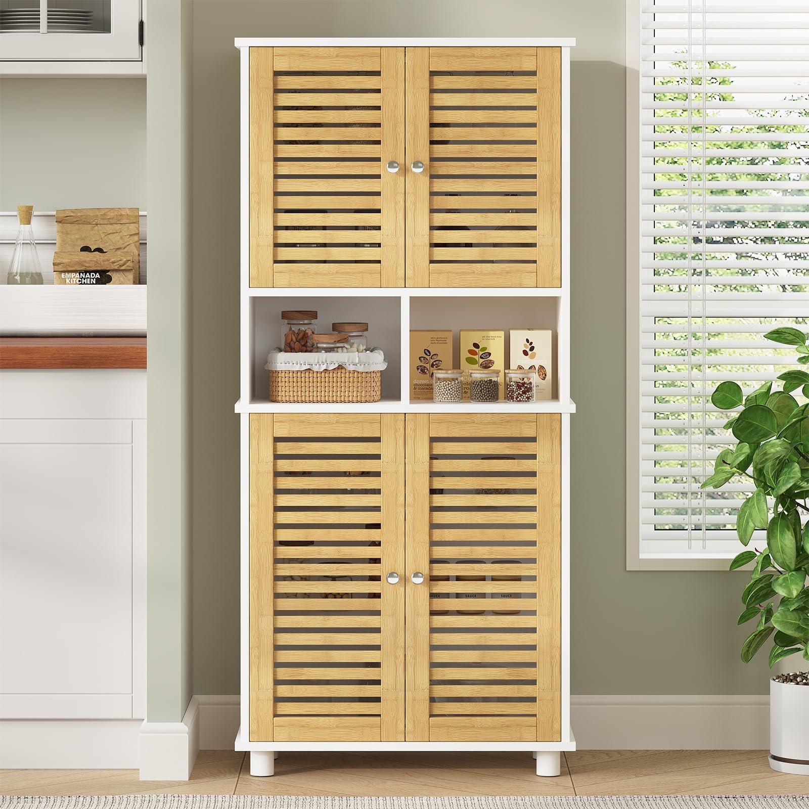 Meuble de Rangement, Meuble Colonne pour Salle de Bain avec 4 Portes en Bambou, 2 Étagères Réglables et Ouvertes, Armoire de Salle de Bain pour Salon et Cuisine, 60 x 30 x 128 cm, Blanc