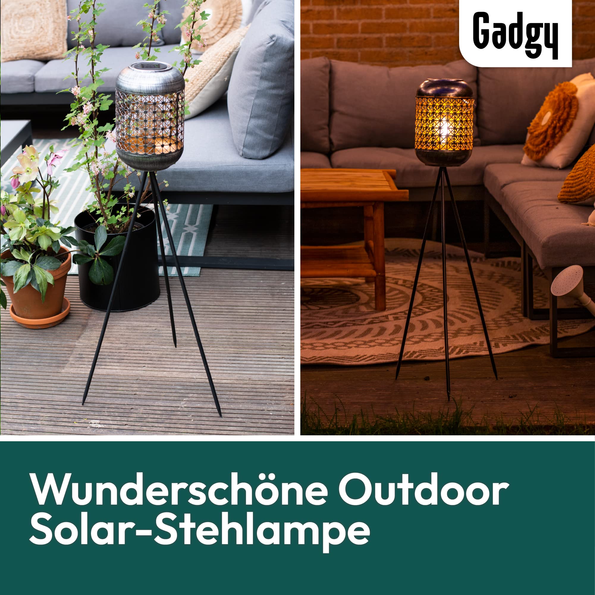 Gadgy Outdoor Stehlampe LED solar - Wasserdichte Stehlampe Garten außen - Solar Standleuchte für nachhaltige Beleuchtung - LED Außenstehleuchte Dreibein - Solar Lampe Outdoor