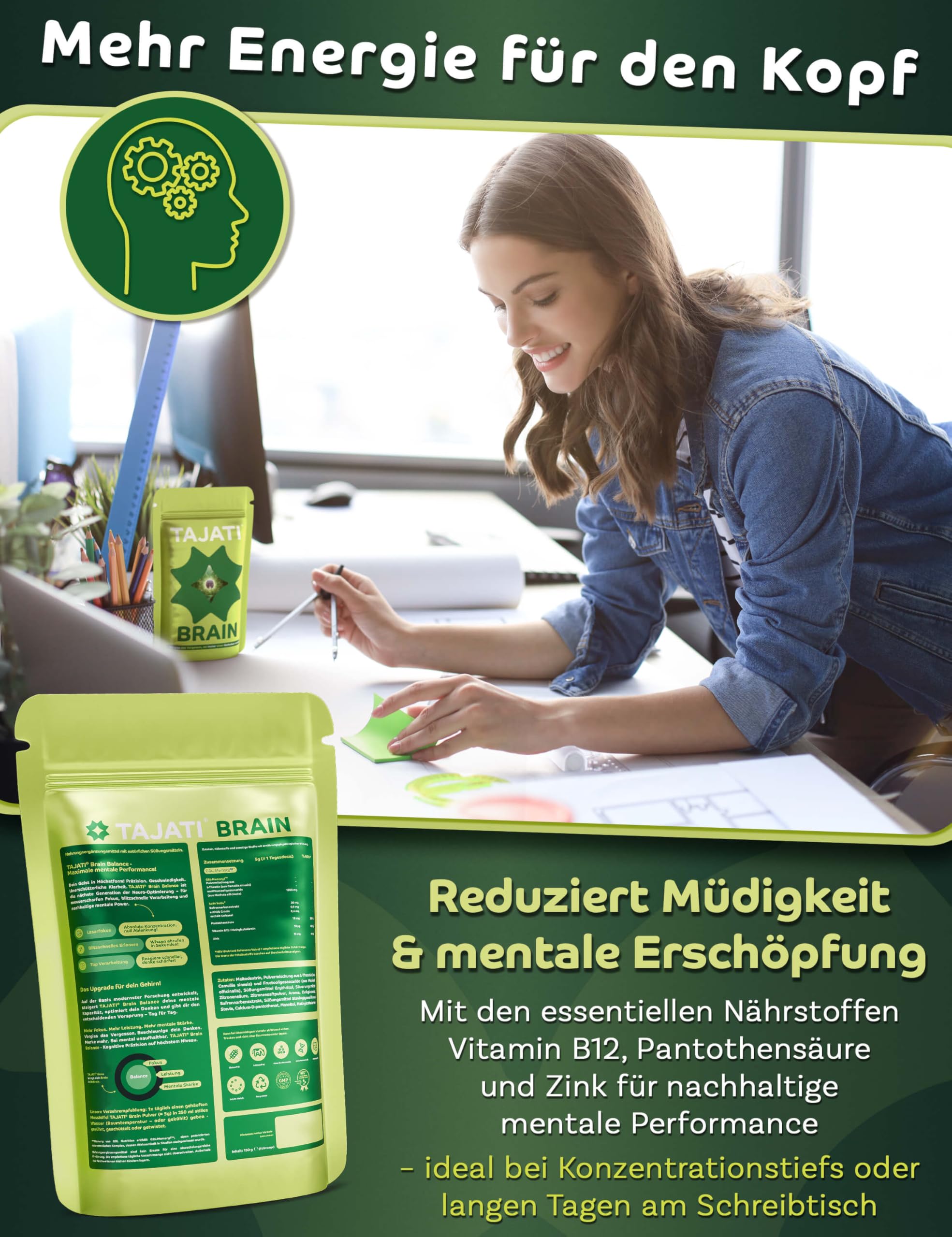Brain Booster L-theanin Pulver vegan - Natürliches Nootropikum mit pflanzlichen Wirkstoffen und Vitaminen – Fokus, Konzentration und Gedächtnis verbessern – ohne chemische Stimulanzien