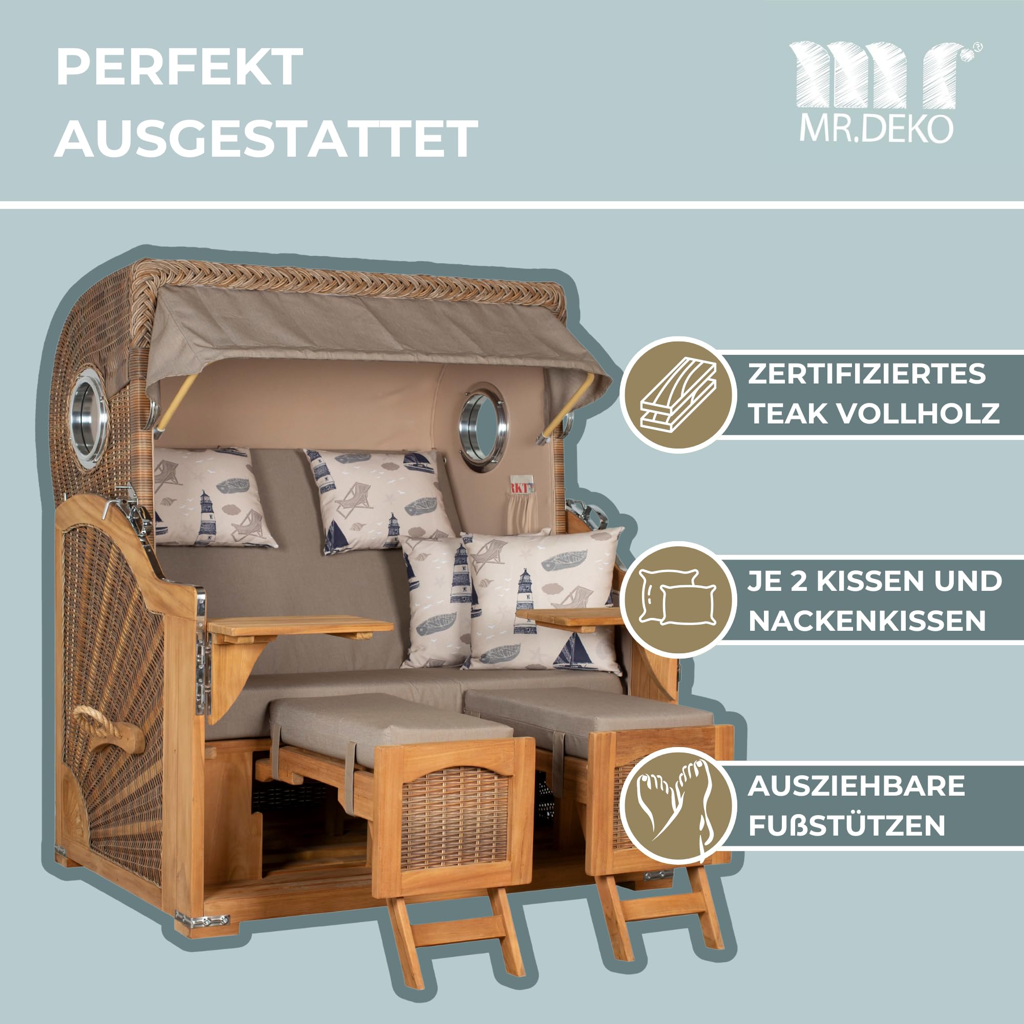 MR. DEKO® Strandkorb Düne Grande XL 2,5-Sitzer Teak | PE Geflecht Banana - Dessin 540 | Volllieger Strandstuhl mit Bullauge inkl. 2 Fußablagen | je 2 Kissen und Nackenkissen | Strandkörbe aus Teakholz