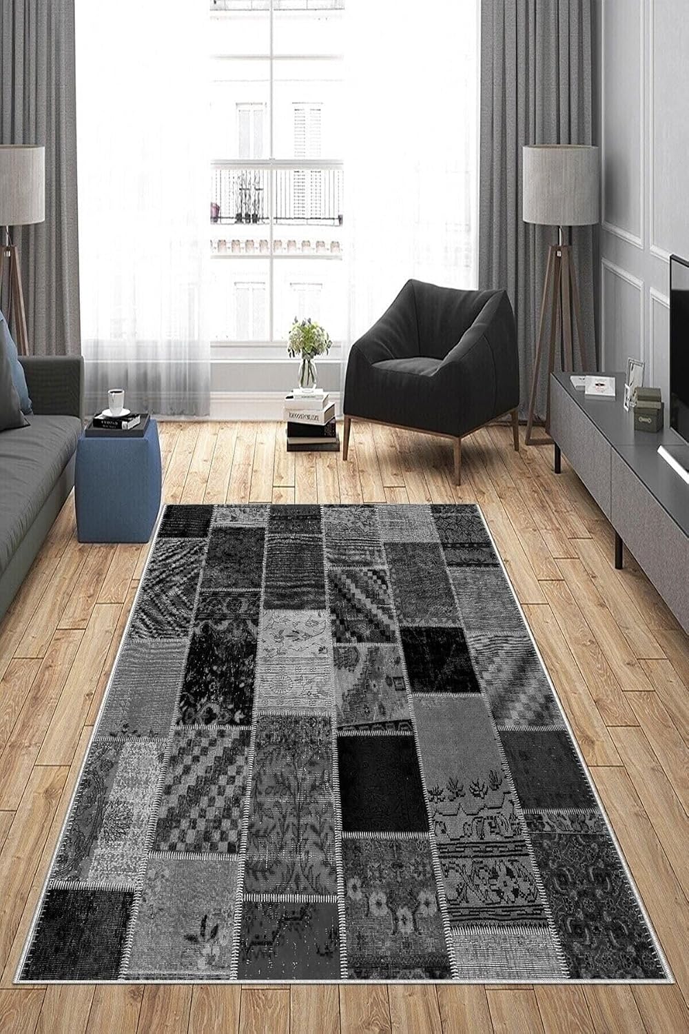 Pelangi Gri Patchwork Kırkyama Desen Yıkanabilir Kaymaz Taban Leke Tutmaz Modern Salon Halısı Ve Yolluk, Siyah-Antrasit 100 x 150, 1358172100150728