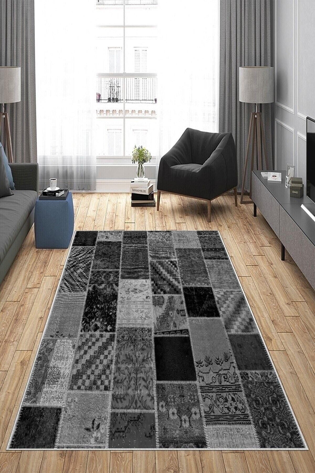 Pelangi Gri Patchwork Kırkyama Desen Yıkanabilir Kaymaz Taban Leke Tutmaz Modern Salon Halısı Ve Yolluk, Siyah-Antrasit 100 x 500, 1358172100500728