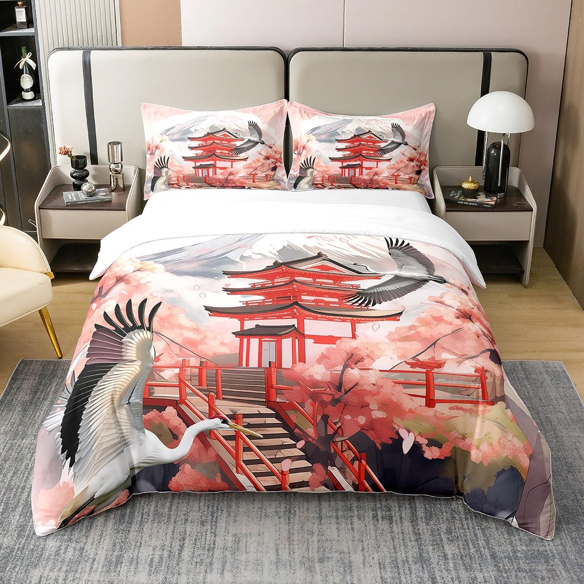 Couvre-lit en coton supérieur 240x260 au motif traditionnel de grues du Japon