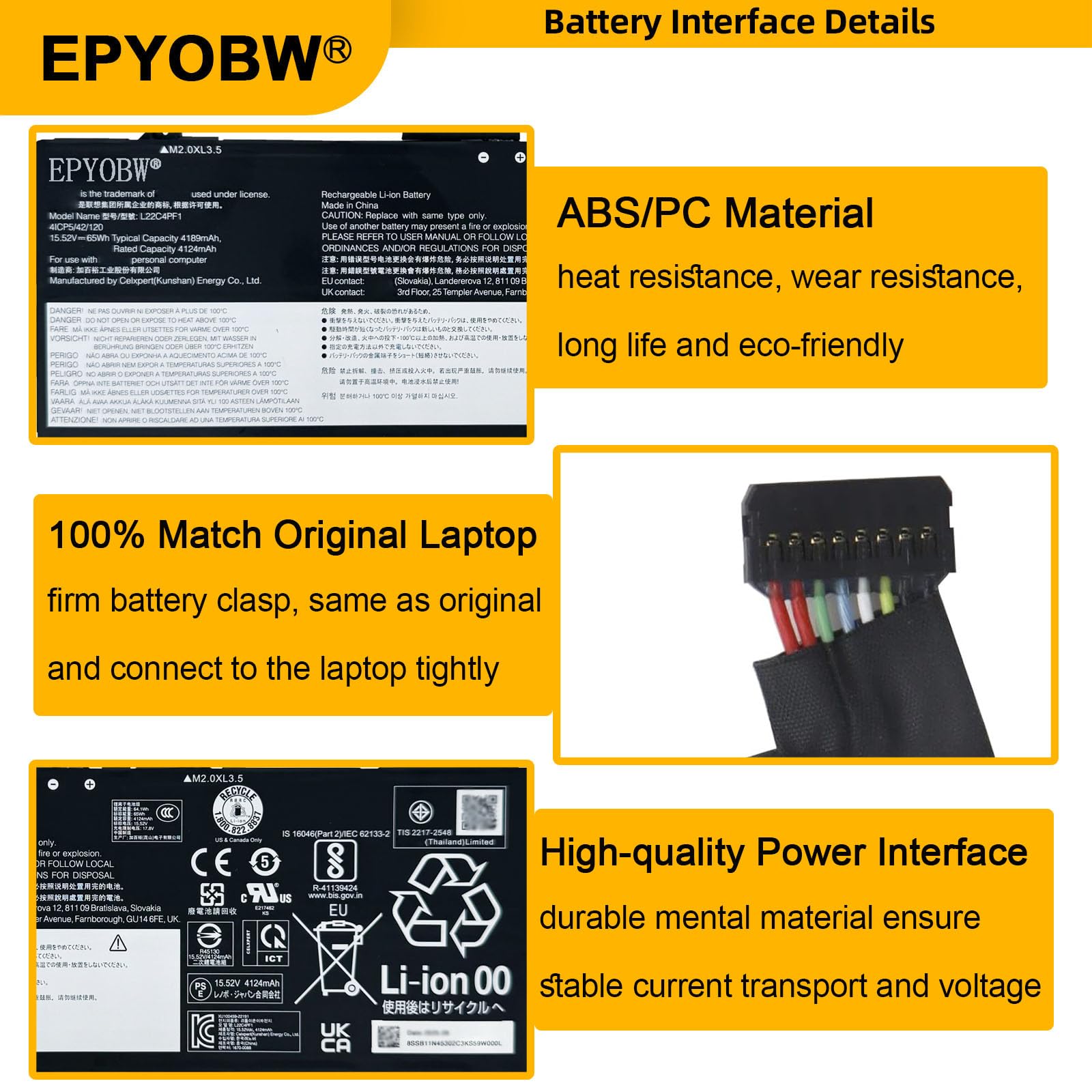 EPYOBW L22C4PF1 Laptop Battery 65Wh 4189mAh 15.52V Compatible with