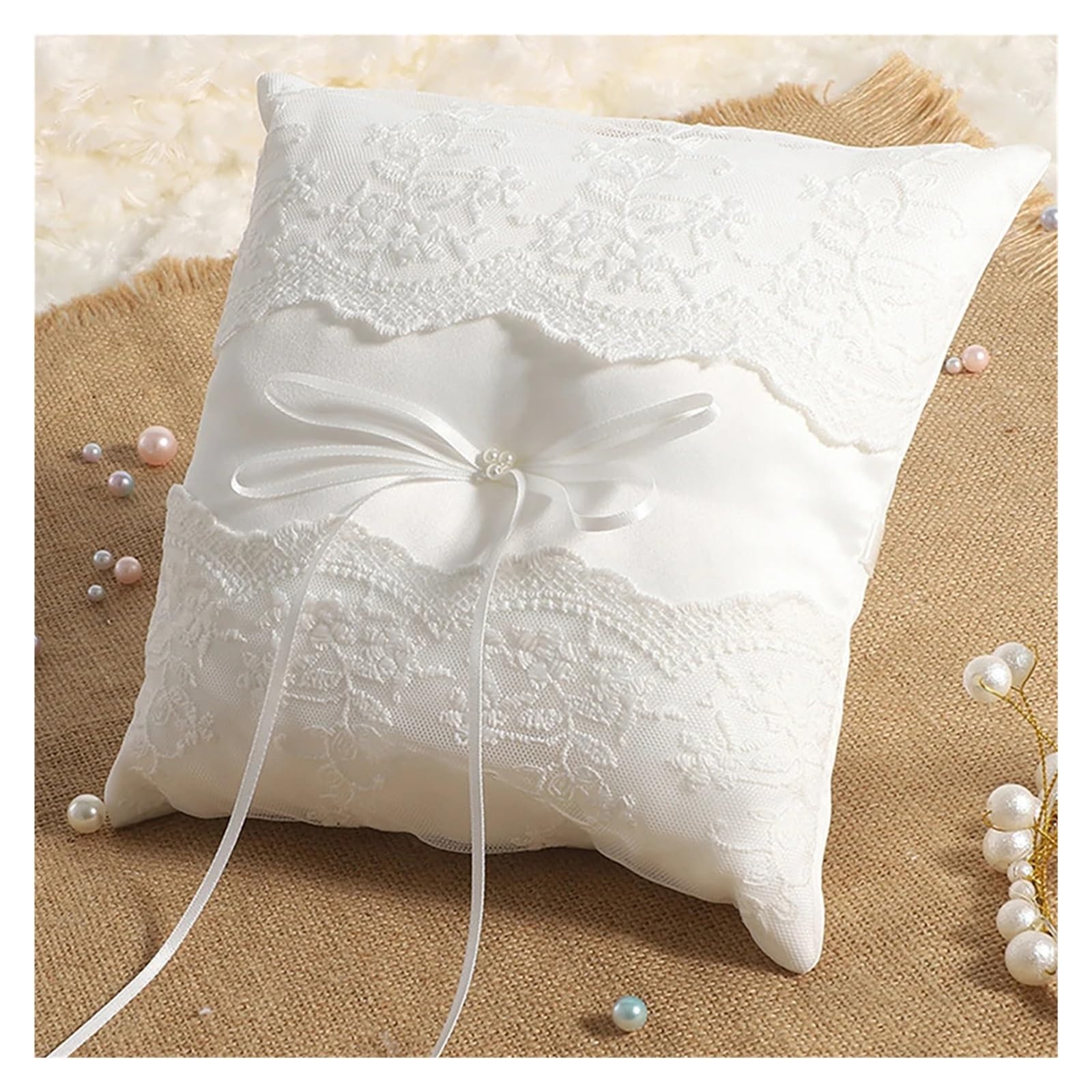Hochzeit Ringhalter Kissen Set aus Körben und Kissen for Ringträger for Hochzeiten, Blumenmädchen, Perlen-Strasssteine, weiße Satin-Spitze, Partyzubehör-Korb