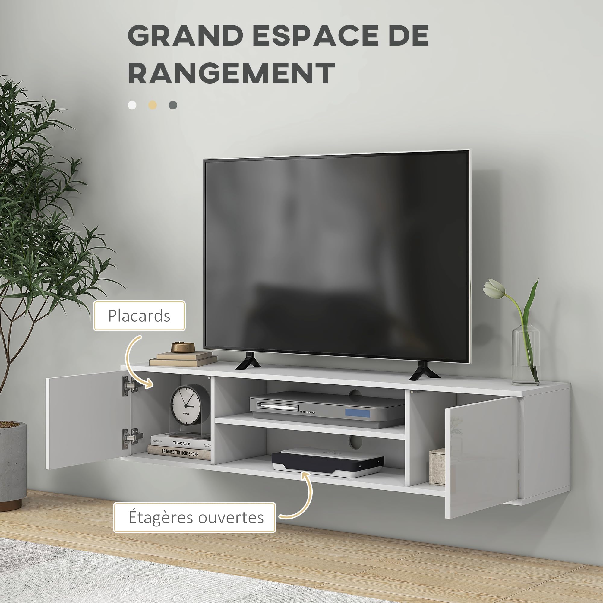 HOMCOM Meuble Banc TV Mural Suspendu Style Contemporain - 2 placards 2 Passe-câbles et 2 niches centrales 140 x 30 x 30 cm Blanc