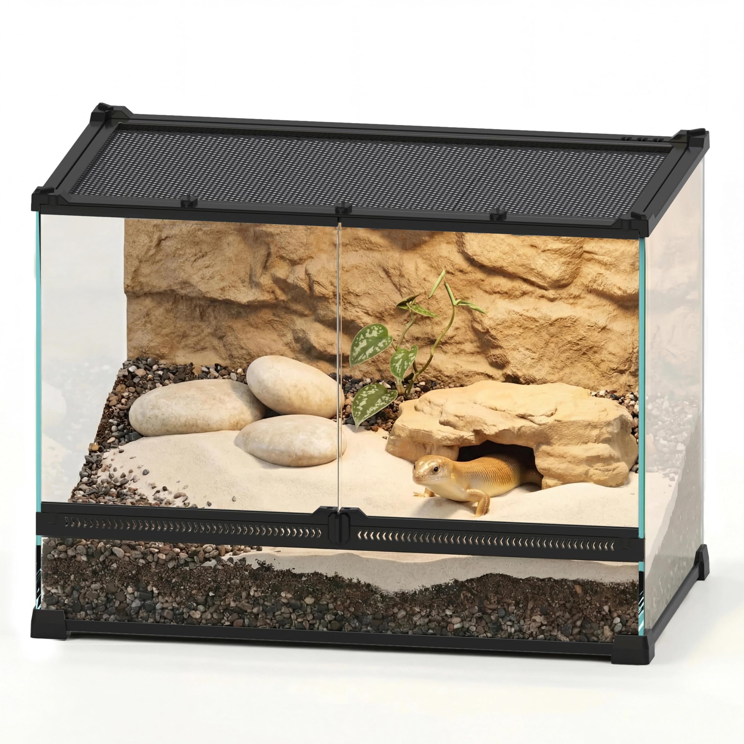 NEPTONION 20"x12"x14" Reptile Terrarium, Double-Door Glass Terrestrial Vivarium for Small Desert Reptiles Such as Sandfish Skinks, with Lock, Cable Port & Waterproof Deep Base Below Front Doors