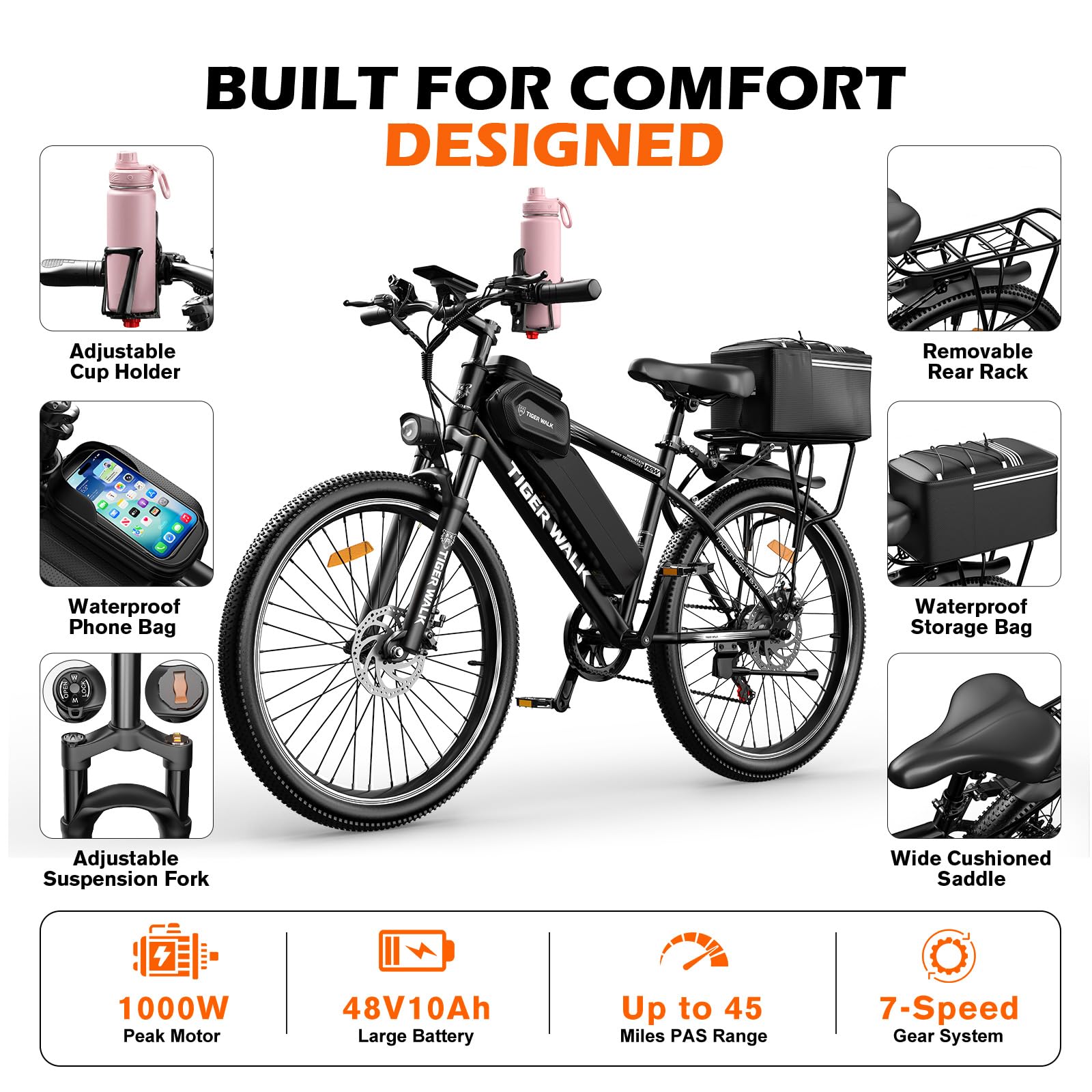 TigerWalk Adult Electric Bike, Peak 1000W Ebike, 70MM Lockable Suspension Fork, 48V 10AH Removable Battery, 45 Miles Range, 26