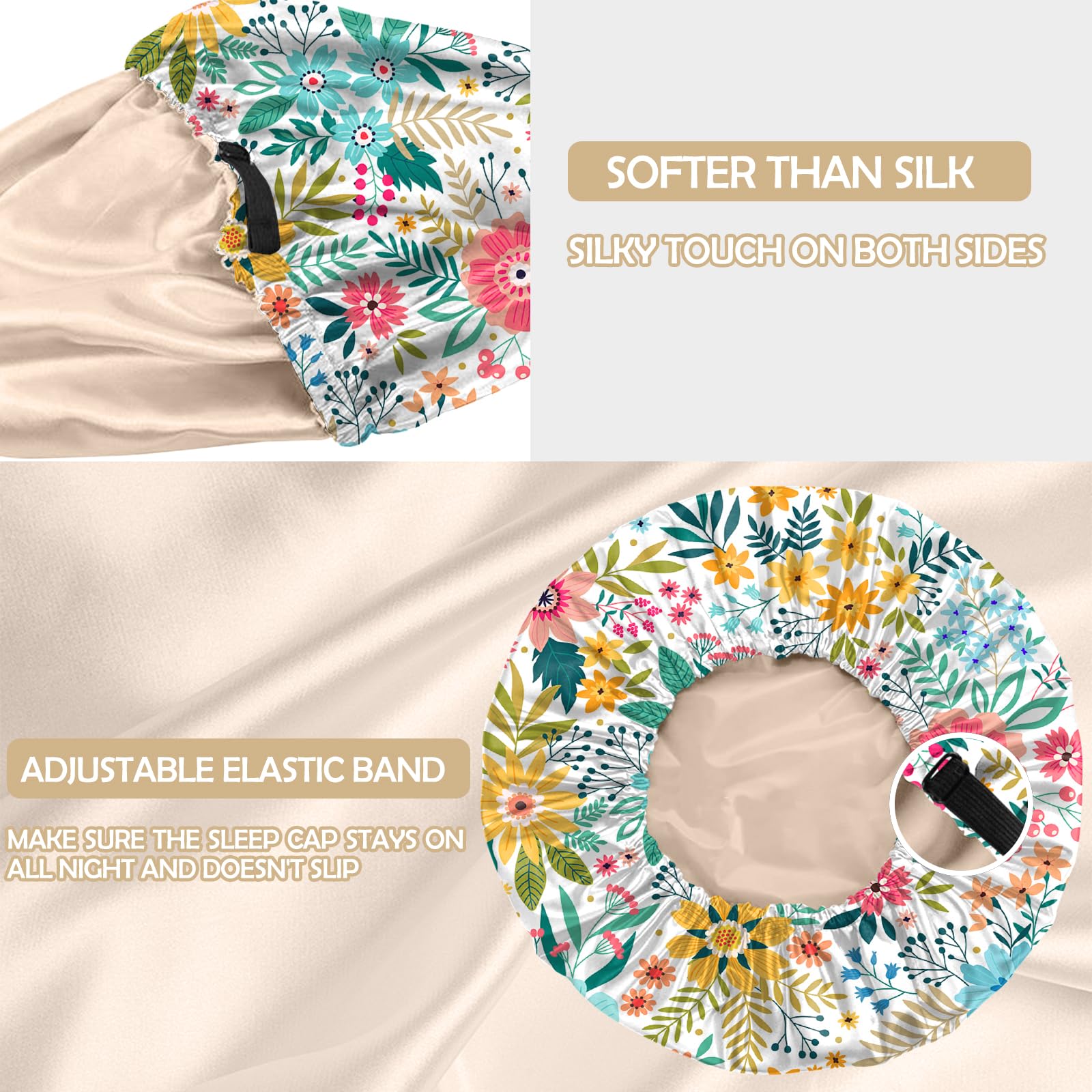 BHAHB Satin Bonnet Silk Bonnet for Sleeping Double Layer Elastic Adjustable Hair Caps Reusable Cute Aesthetic for Women Girls (O2-Flowers) - Image 3