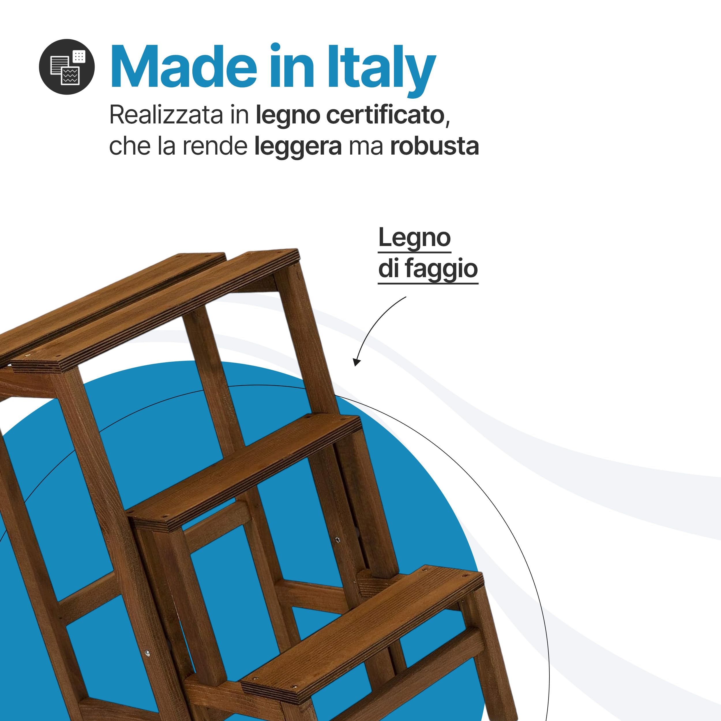Tomaino - Scaletta 3 Gradini Ribaltabile In Legno GIULIETTA - Scaletta Pieghevole con Sgabello Richiudibile per Casa, Ufficio - Scala 3 Gradini Salvaspazio - Noce