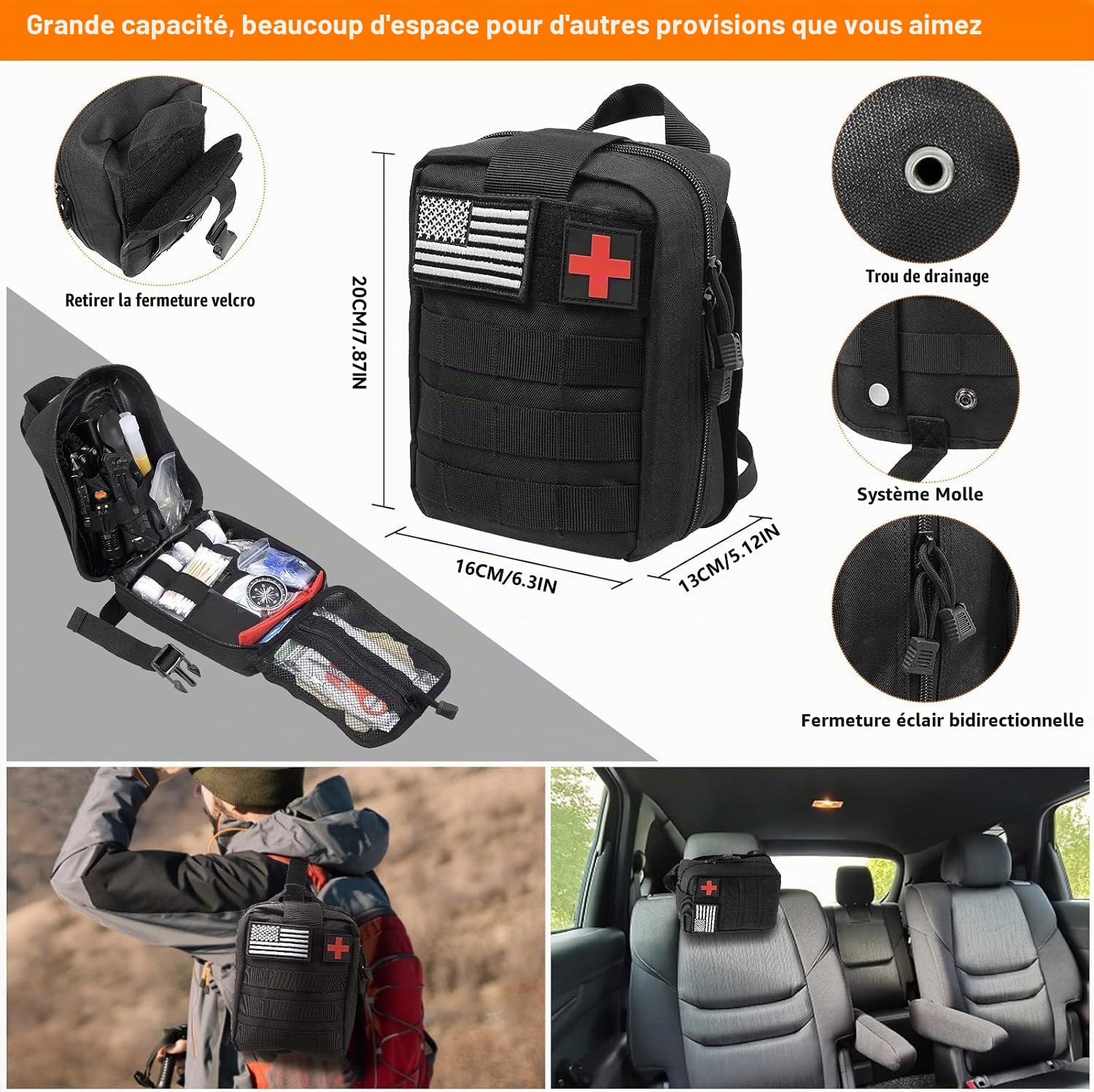 Kit de Survie Randonnée - Équipement Outdoor avec Pelle Pliante, Couteau Multifonction, Lampe Torche, Bracelet et Trousse de Premiers Secours pour Camping Aventure Trekking Urgence