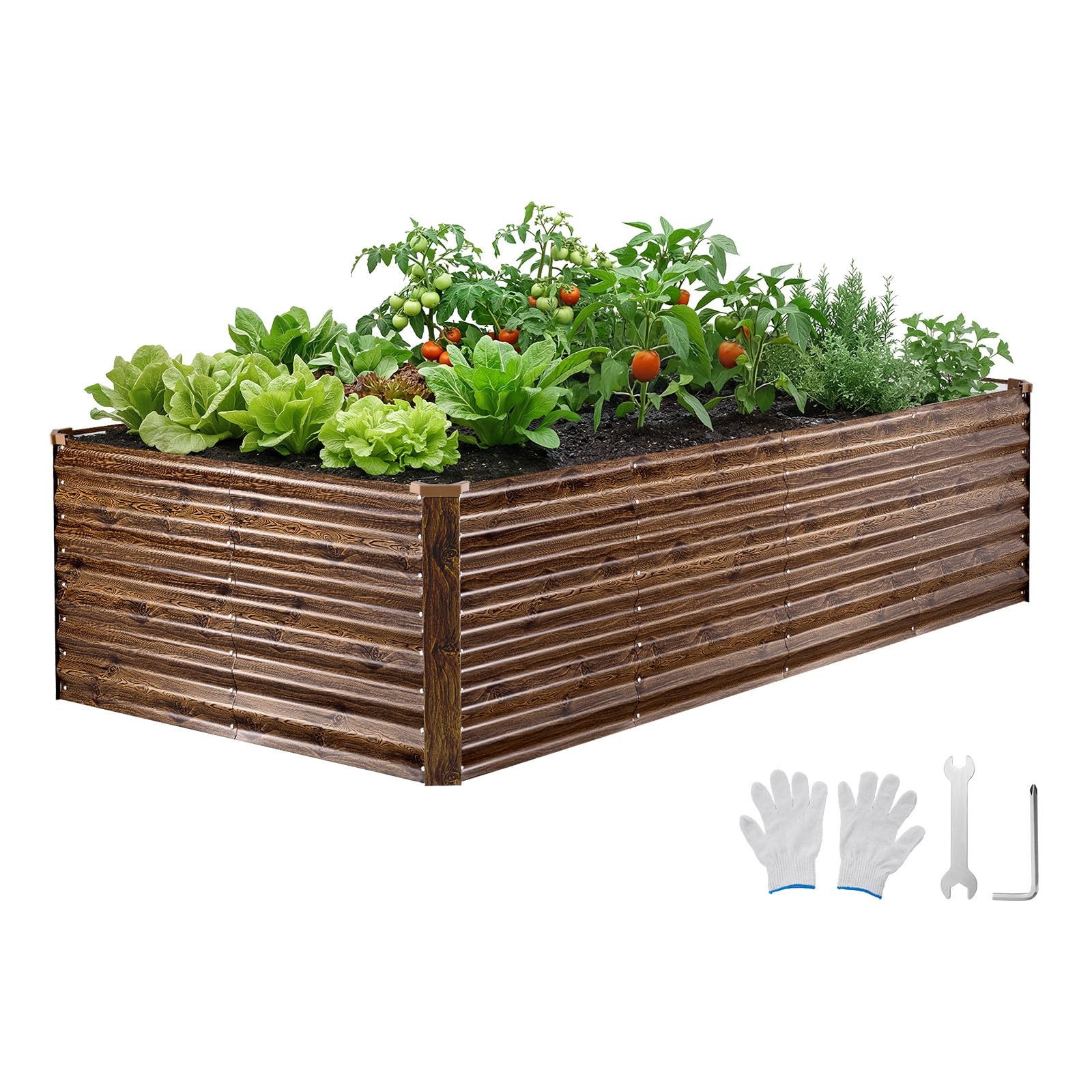 VEVOR Potager Surélevé Métal 240x120x62 cm Carré Potager Surélevé Rectangulaire Lit de Jardin pour Culture Légumes Fleurs, Fond Ouvert, Galvanisé Aluminium-Zinc, avec Gants, Aspect Grain Bois Foncé
