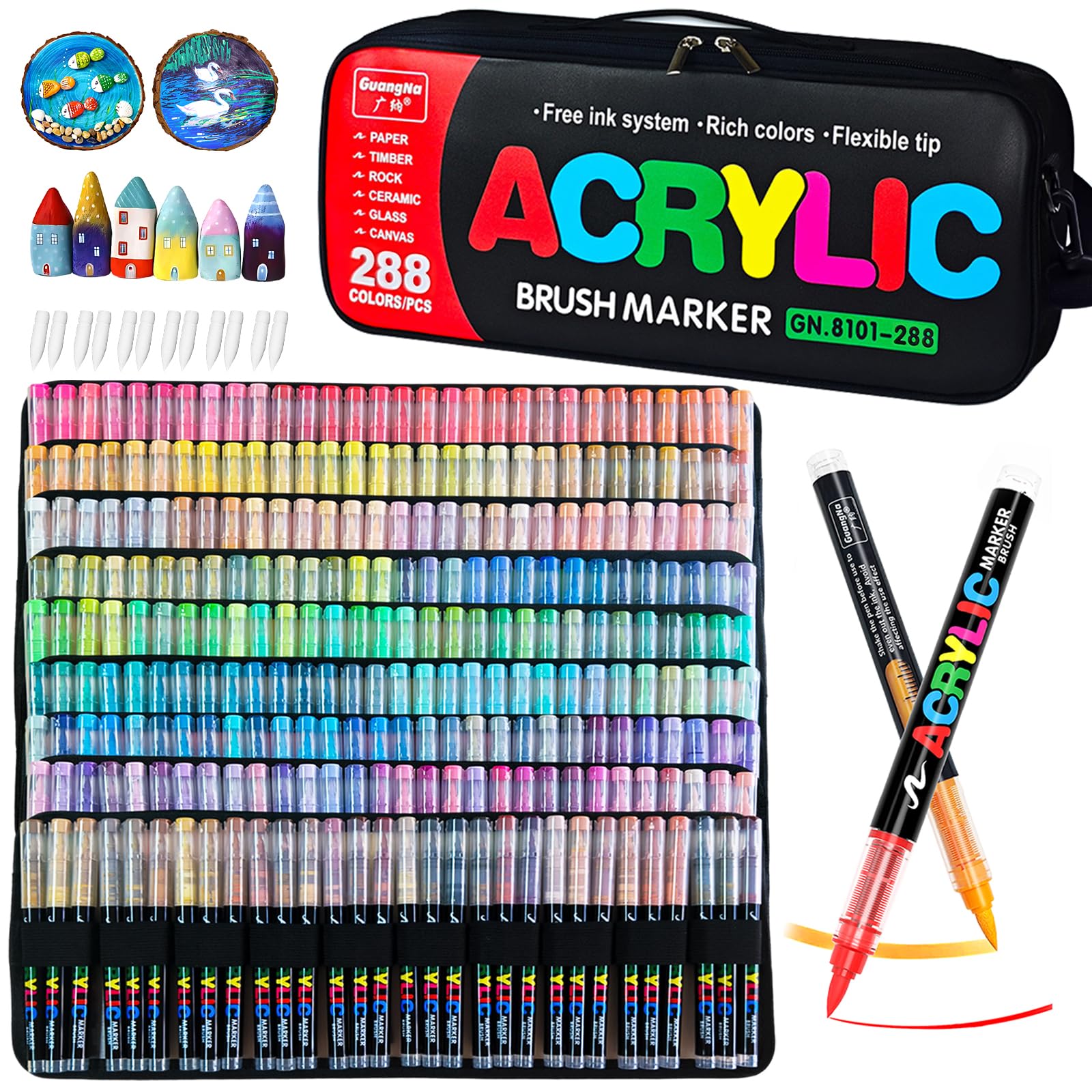 VAKKI Pennarelli Acrilici, 288 Colori Pennarelli Acrilici Acrylic Marker Brush pen per Dipingere Sassi, Tessuti, Metallo, Vetro, Legno, Tela, Ceramica, Plastic, pennarelli per colorare adulti