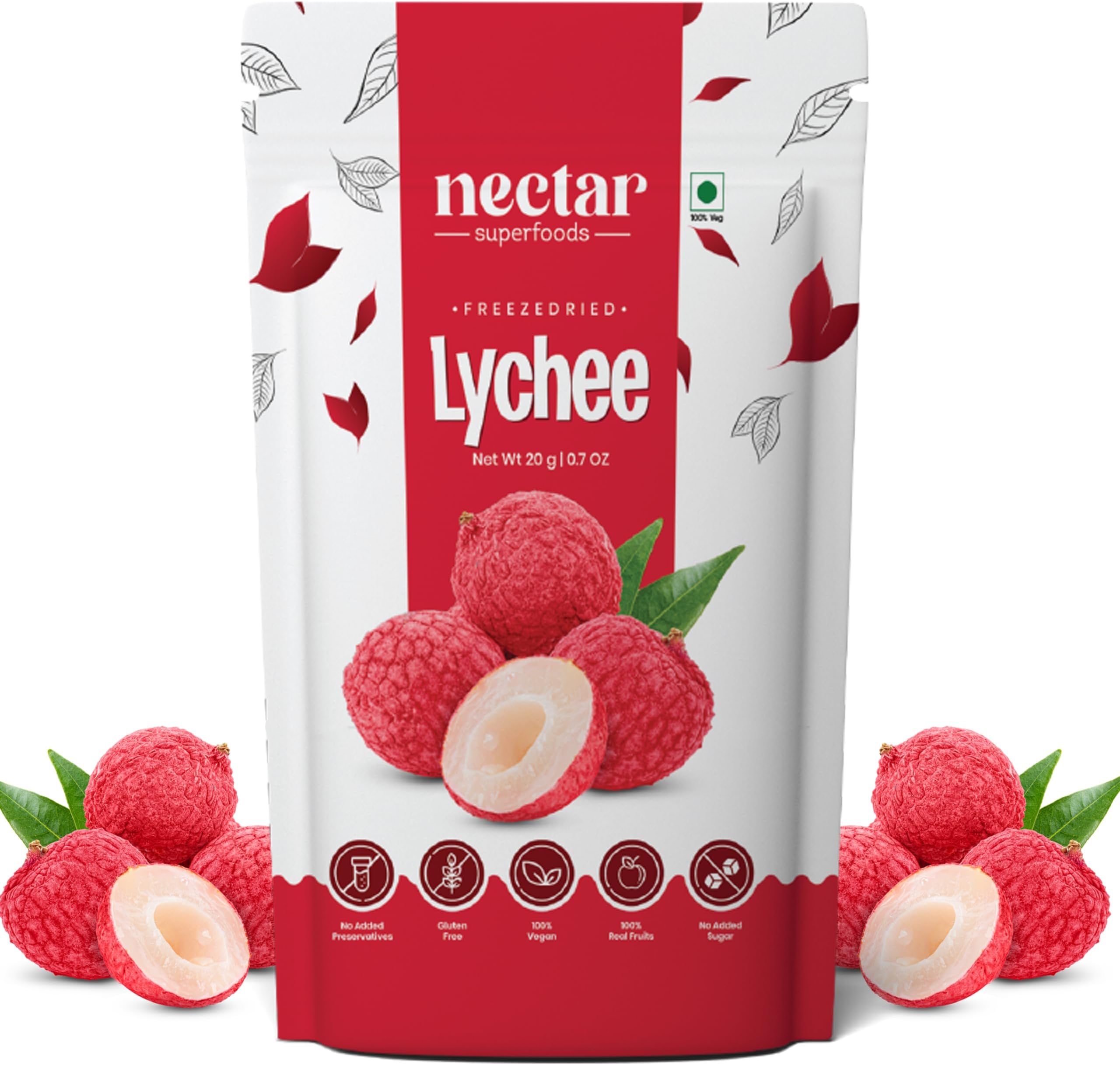 Nectar Superfoods Freeze Dried Lychee | No Preservatives, No Added Sugar Dried Fruit | 100% Natural, Vegan, Gluten Free | 20 gram Pouch (PACK OF 1)