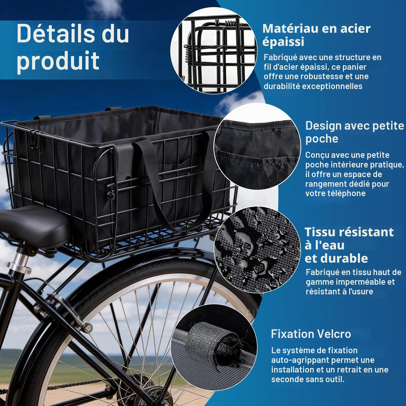 BRGD Panier de Vélo Pliable Arrière, Noir Panier Arrière en Métal avec Sac Intérieur en Nylon et Housse Imperméable pour Transport de Chiens, d'animaux de Compagnie, Fruits et de Nourriture
